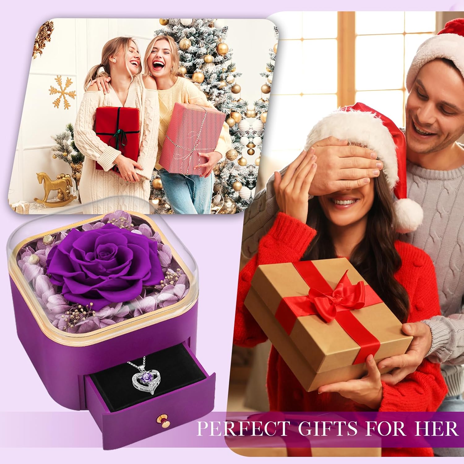 Beferr Gifts for Mom Preserved Real Rose with Necklace Eternal Roses Fresh Flowers for Delivery Prime Birthday Anniversary Purple Gifts for Women Mothers Grandma Wife Daughter Girlfriend Sister