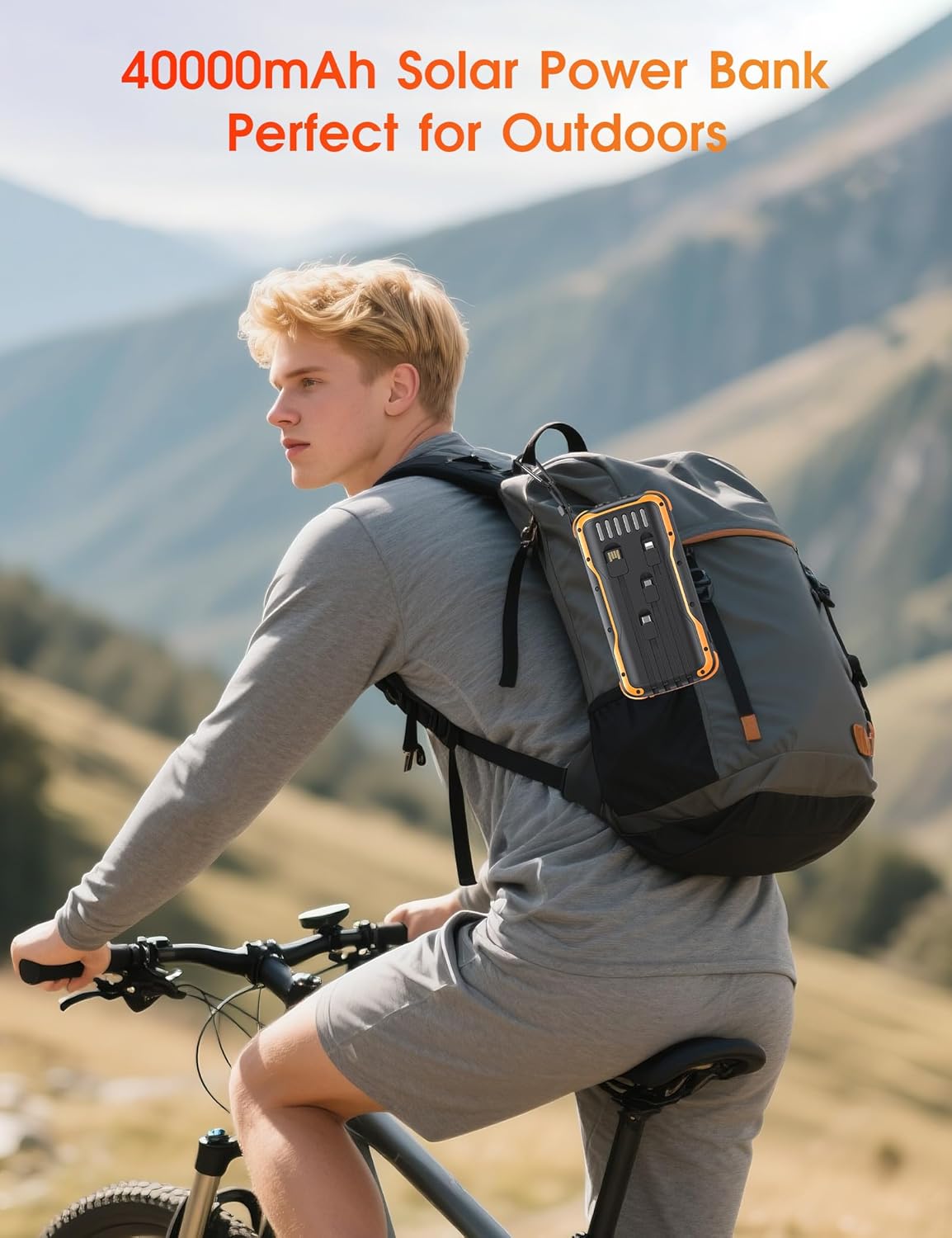 SOXONO solar charger power bank with 40,000mAh capacity and PD 20W fast charging, featuring multiple USB ports and solar panel.