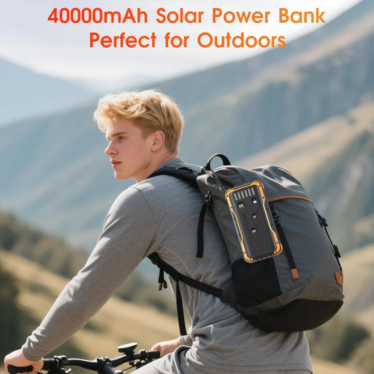 SOXONO solar charger power bank with 40,000mAh capacity and PD 20W fast charging, featuring multiple USB ports and solar panel.