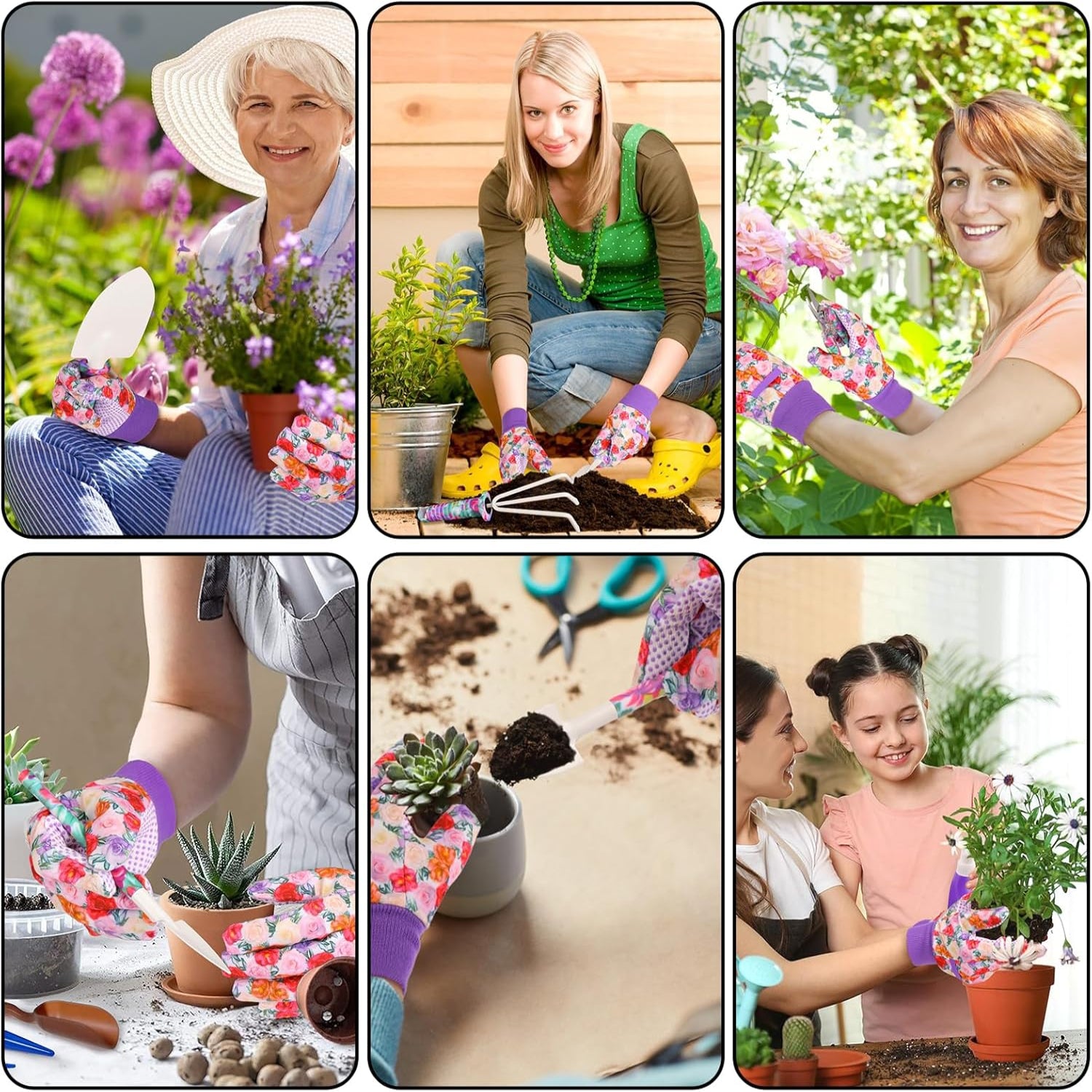 JUMPHIGH 10-piece garden tools set with floral print and ergonomic handles, including trowel, pruning shears, and hand rake.