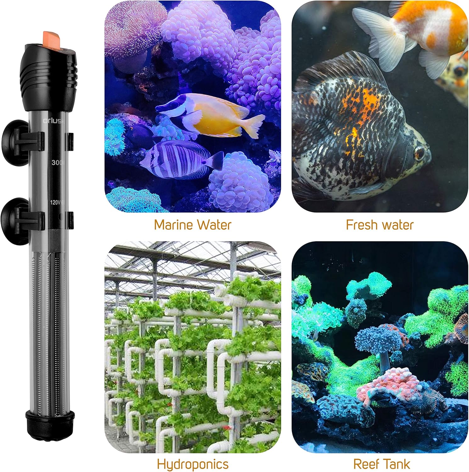 Orlushy 100W adjustable submersible aquarium heater for fish tanks, with a sleek design and temperature control for aquatic environments.