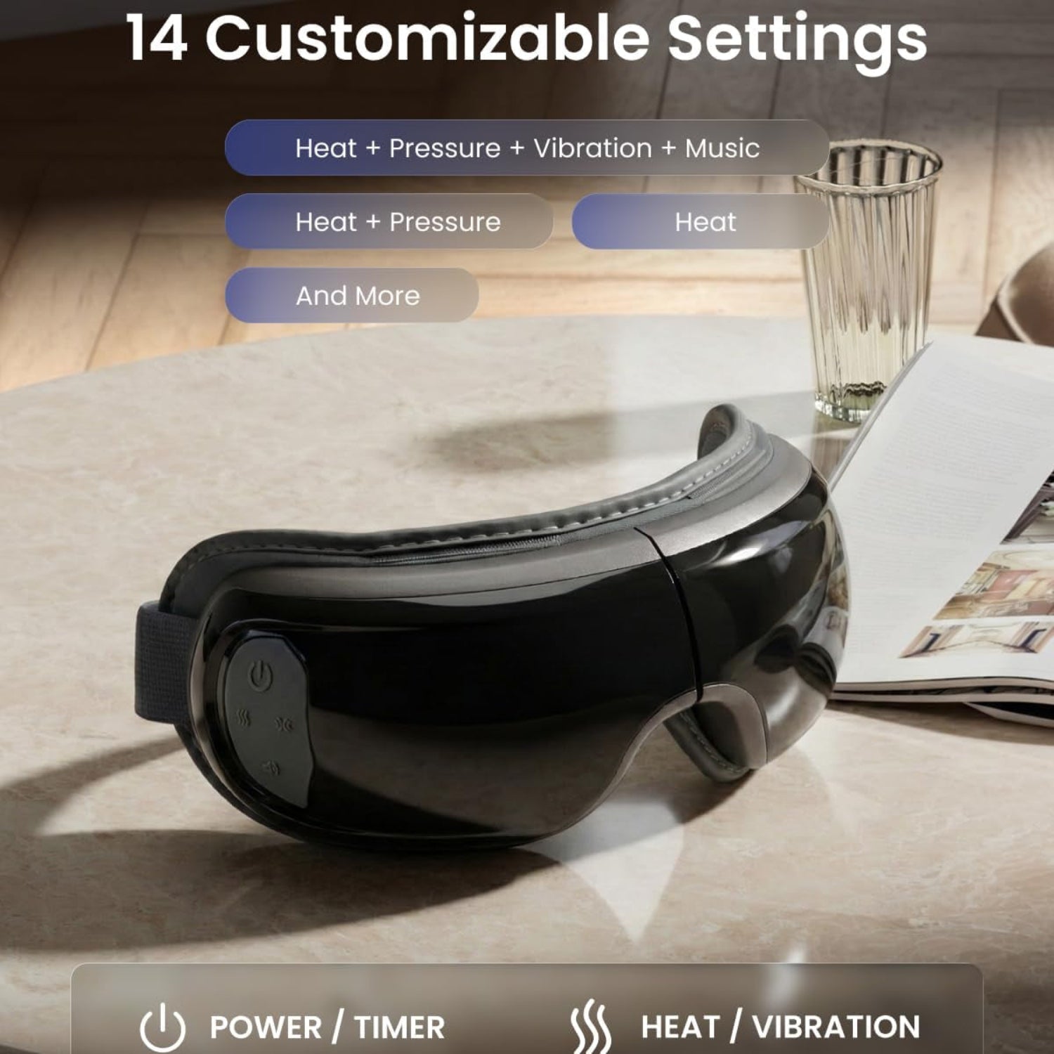 RENPHO Eyeris 3 Eye Massager with heat, cooling, and voice control, shown with adjustable straps and soft eye cushions.