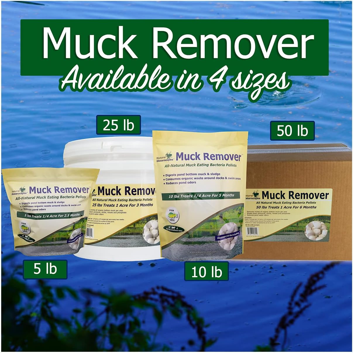 Natural Waterscapes Muck Remover Pellets 10 lb pond tablets for treating pond sludge on 2.5 acres, natural pond maintenance product.