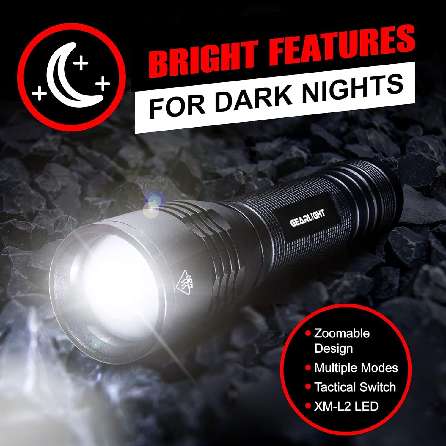 Flashlight with features highlighted on a dark background