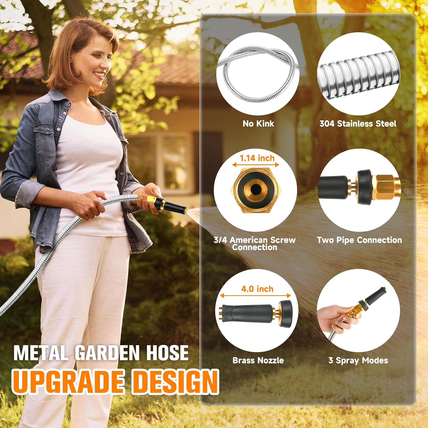 Expandable 100 FT garden hose by Rosy Earth with stainless steel fittings, flexible, kink-free, heavy-duty water hose for outdoor use.