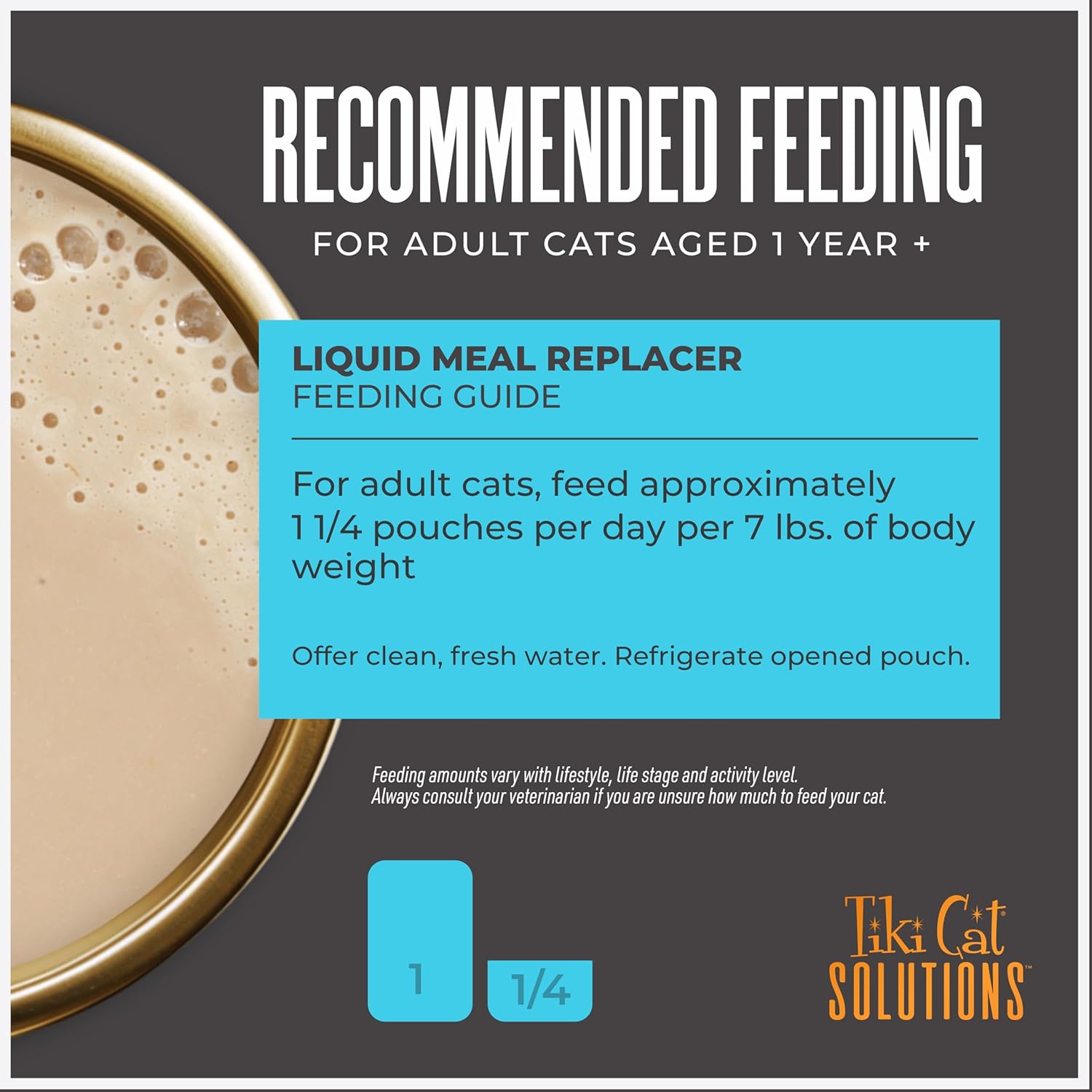 Tiki Cat Solutions Liquid Meal Replacer Wet Cat Food with Tuna in Goat’s milk, showing the can and liquid contents.