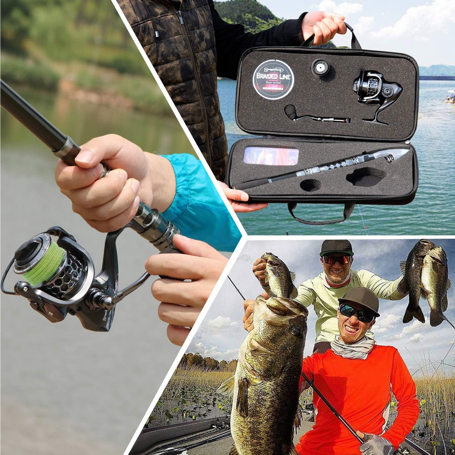 Sougayilang fishing rod reel combo with telescopic pole, spinning reel, and carrier bag for saltwater and freshwater fishing.