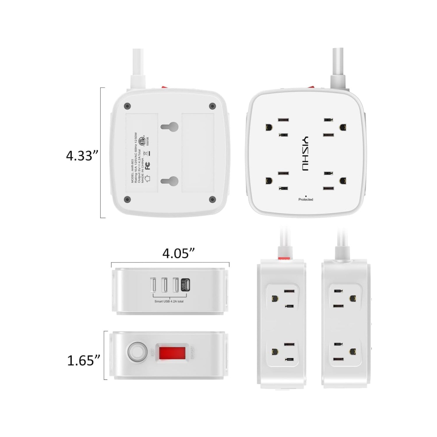 White power strip with multiple outlets and USB ports, showing dimensions on a white background.