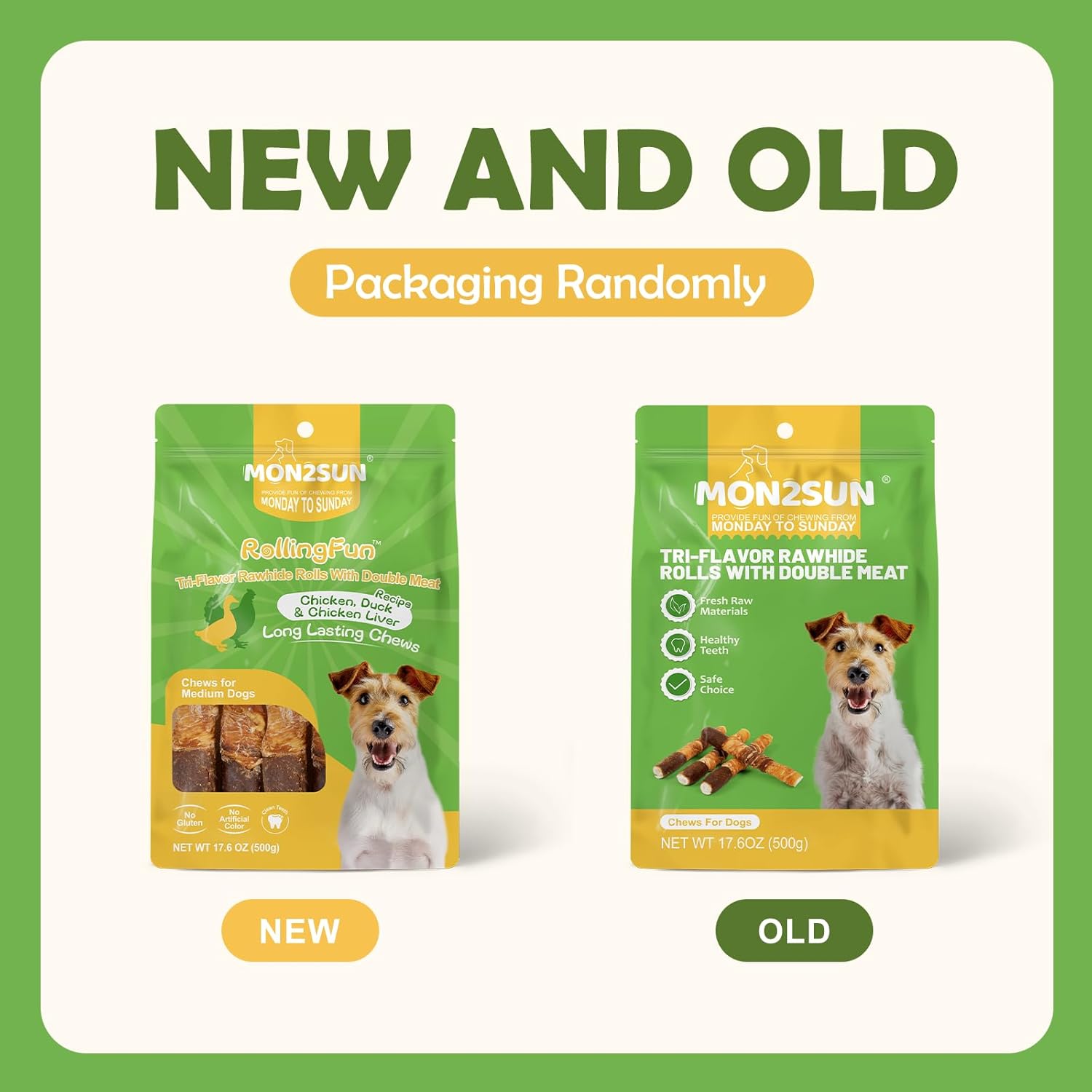 MON2SUN Dog Treats in triple flavor with chicken, liver, and duck, 6-inch wrapped treats for dogs, shown in the image.