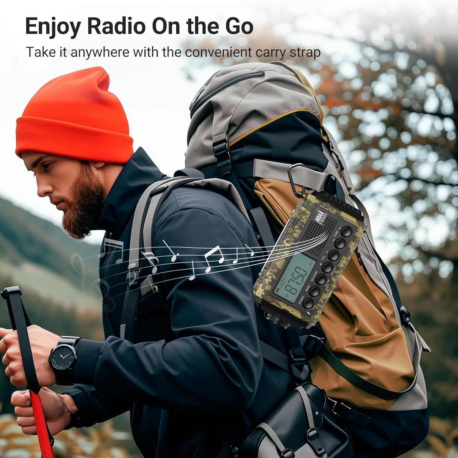 Man with backpack and radio, with text 'Enjoy Radio On the Go' and 'Take it anywhere with the convenient carry strap'.