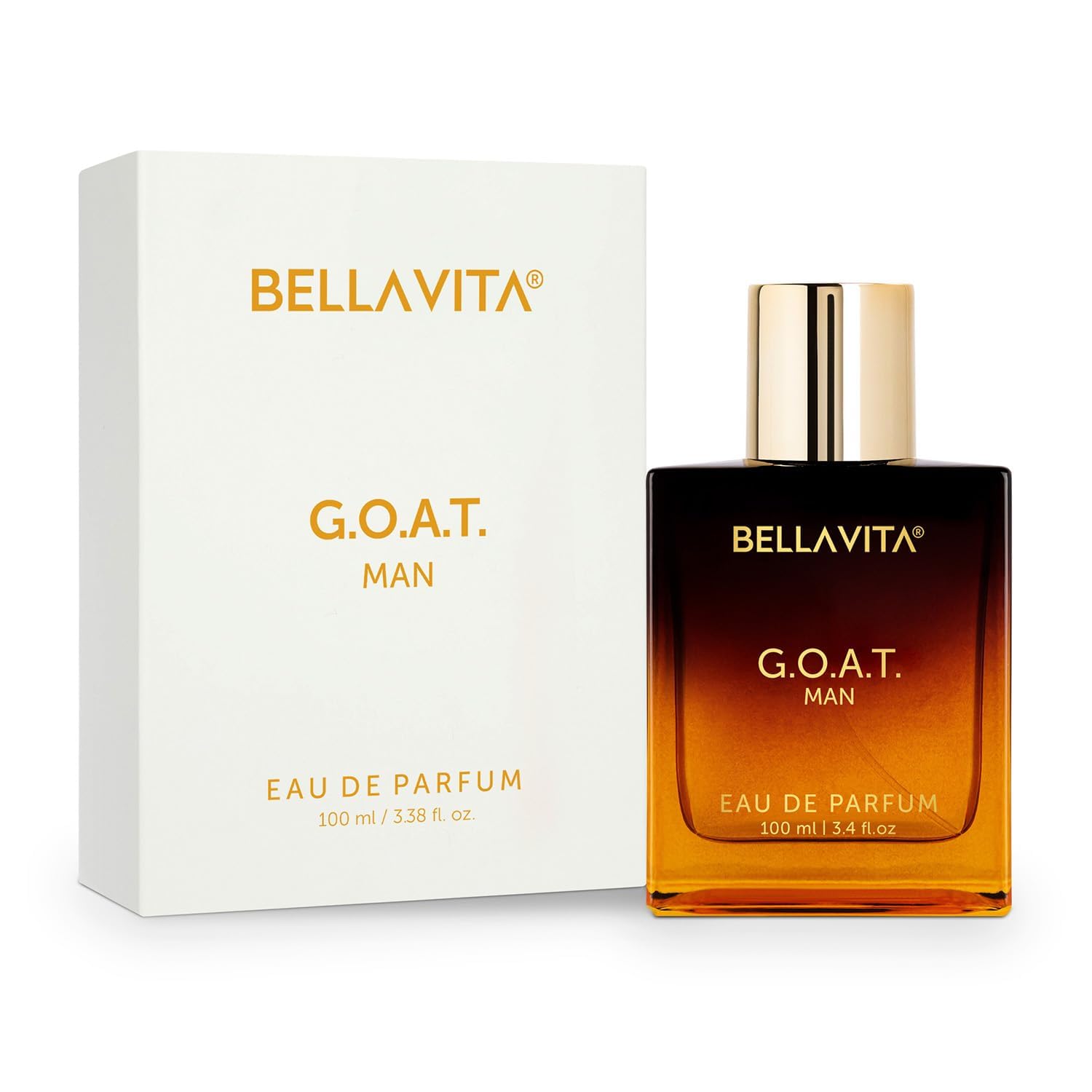 BellaVita Luxury G.O.A.T. men's Eau De Parfum bottle with sleek design, featuring natural refreshing notes, 3.4 fl oz.
