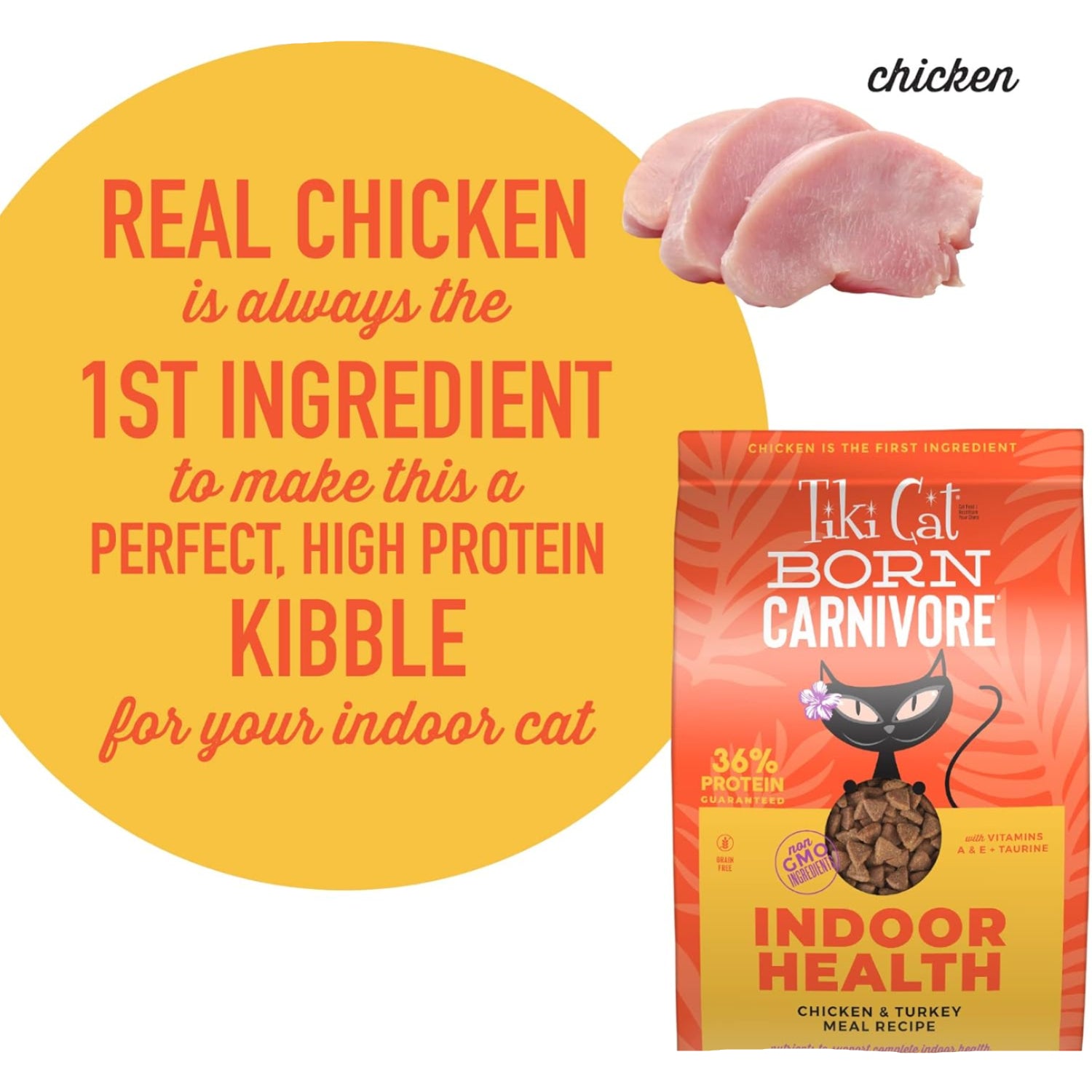 Tiki Cat Born Carnivore indoor dry cat food bag with chicken and turkey meal, 12 lbs, showing the product packaging and branding.
