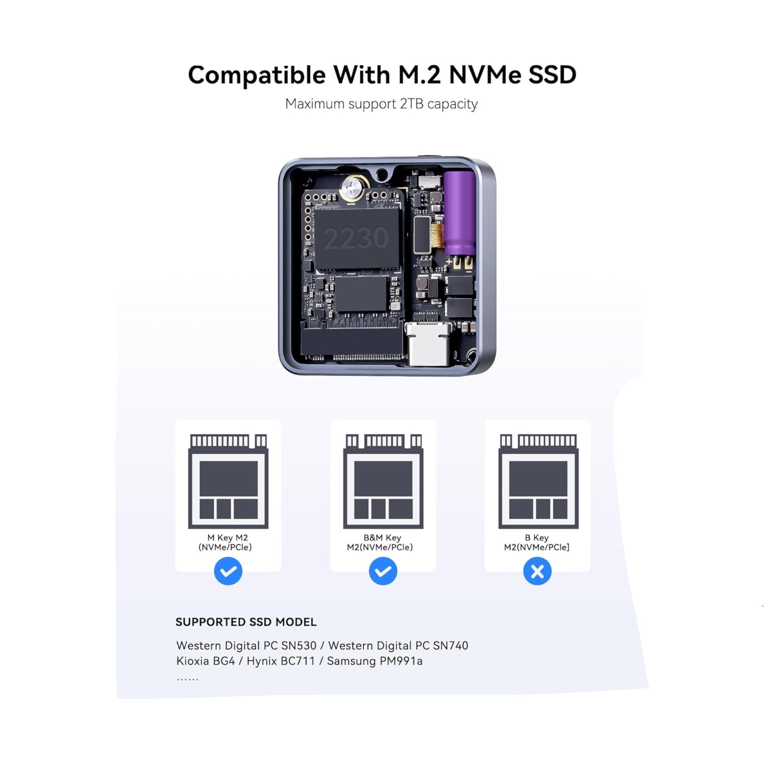 DockCase Pocket M.2 2230 NVMe SSD Enclosure,Support 3s PLP Prevents Write Data Loss,USB 3.2 Gen 2 Type-C