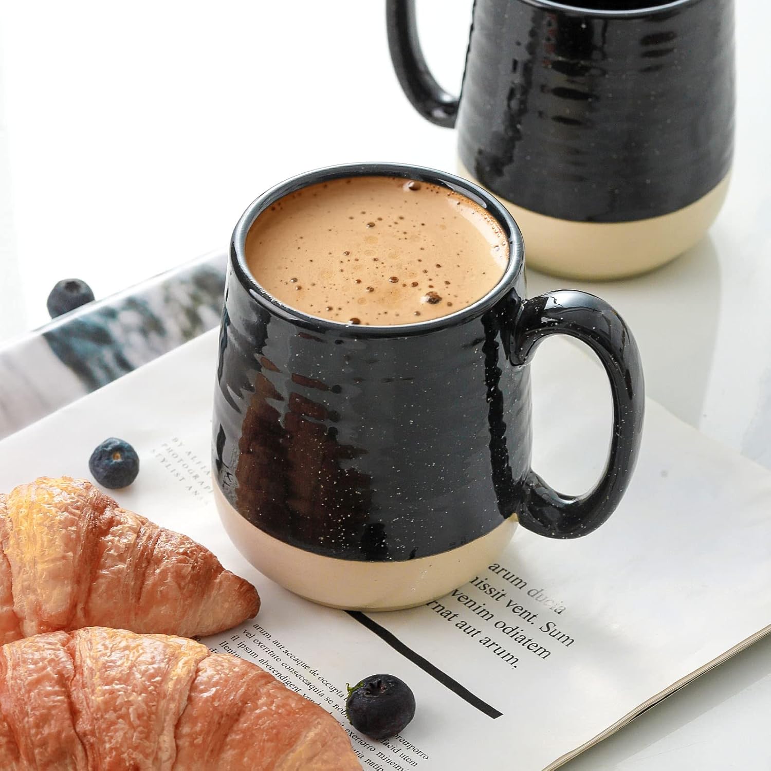 Set of four HASENSE 15-ounce ceramic coffee mugs with handles, white porcelain cups for hot beverages.