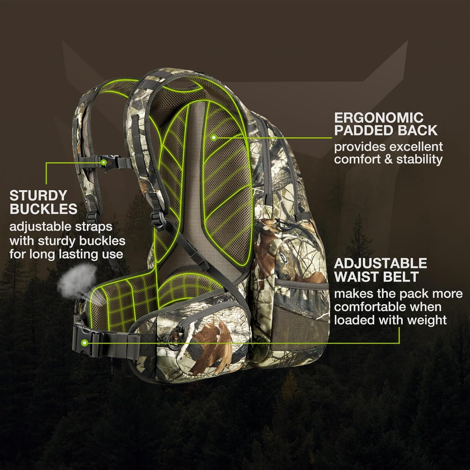 TIDEWE waterproof camo hunting backpack with rain cover, featuring multiple compartments and adjustable straps for outdoor hunting.