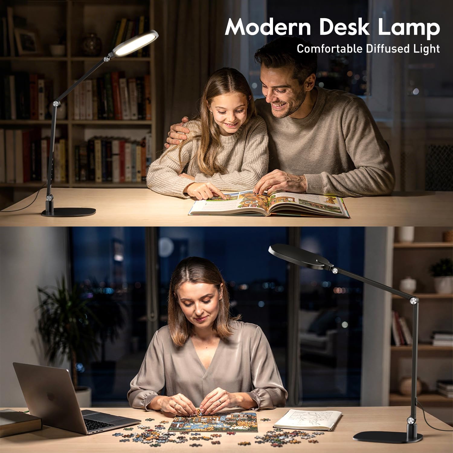 LitONES LED desk lamp for home office with soft diffused light and dimmable feature, showcasing its sleek, adjustable design.