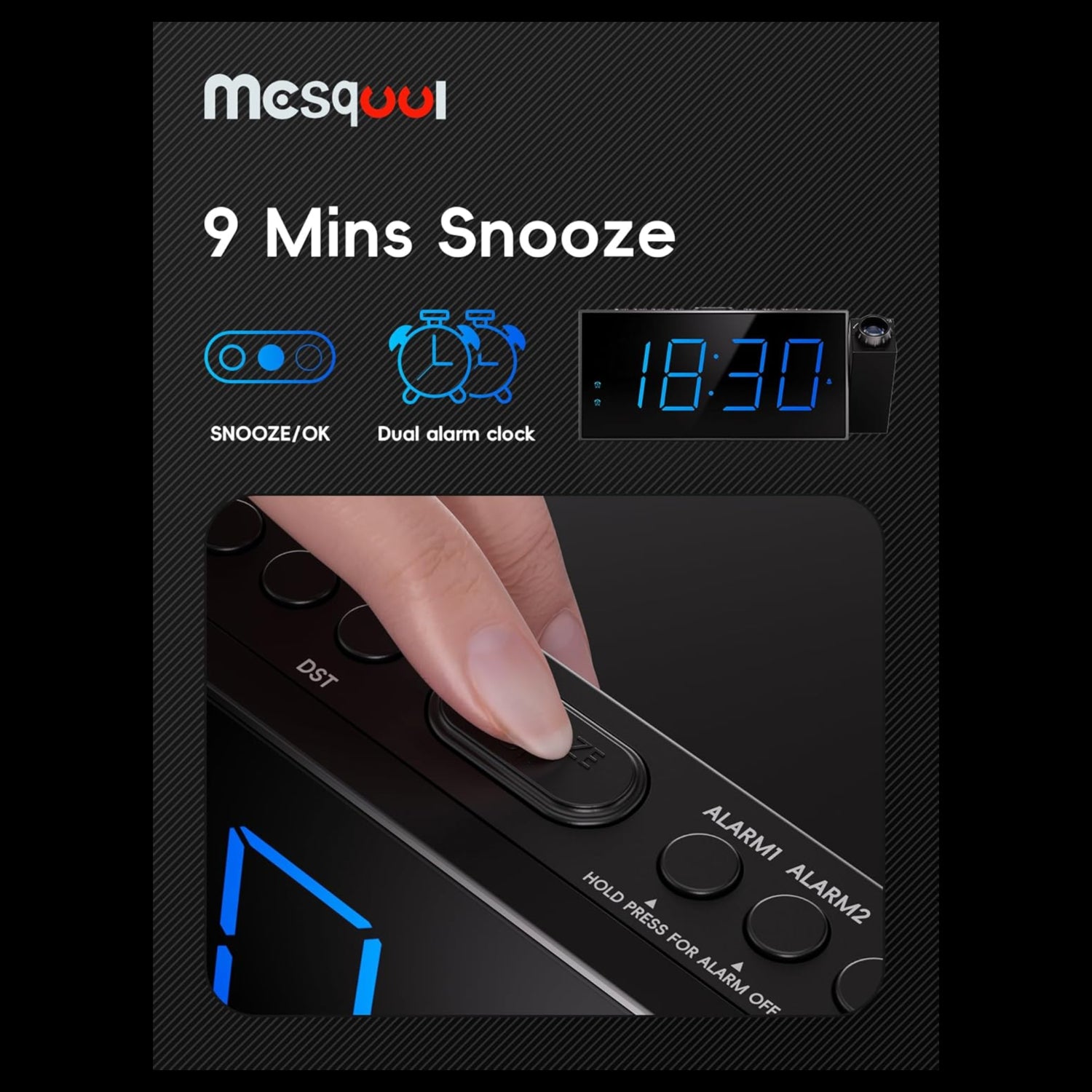 Mesqool digital projection alarm clock with large LED display and 180° rotatable projector for bedroom use.