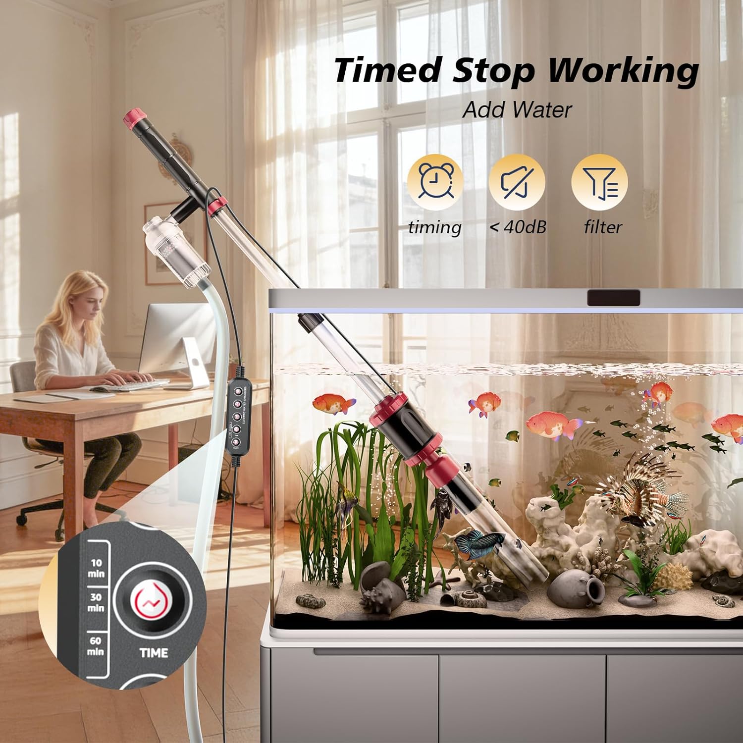 AKKEE Aquarium Vacuum Gravel Cleaner with 36W electric pump, suitable for cleaning fish tank gravel and maintaining aquarium cleanliness.