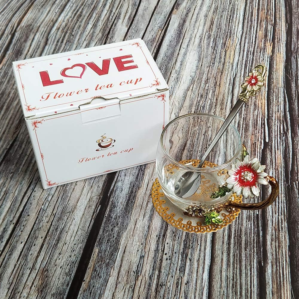 Enamel sunflower crystal glass tea cup with spoon set by JY-Danbady, lead-free, featuring colorful sunflower design and clear glass.