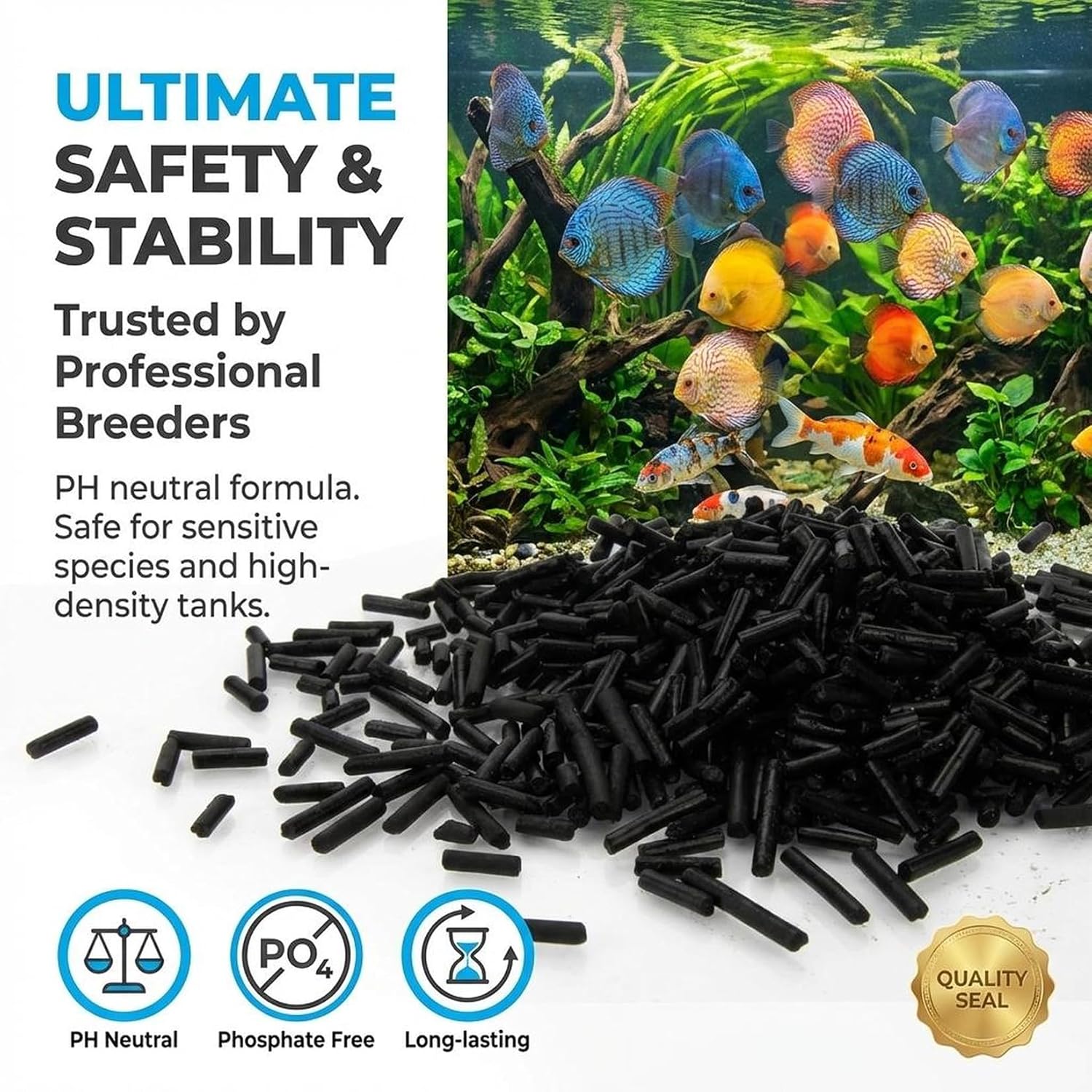Sukh 310g acid-free activated carbon pellets for filtration and purification, shown in a clear container.
