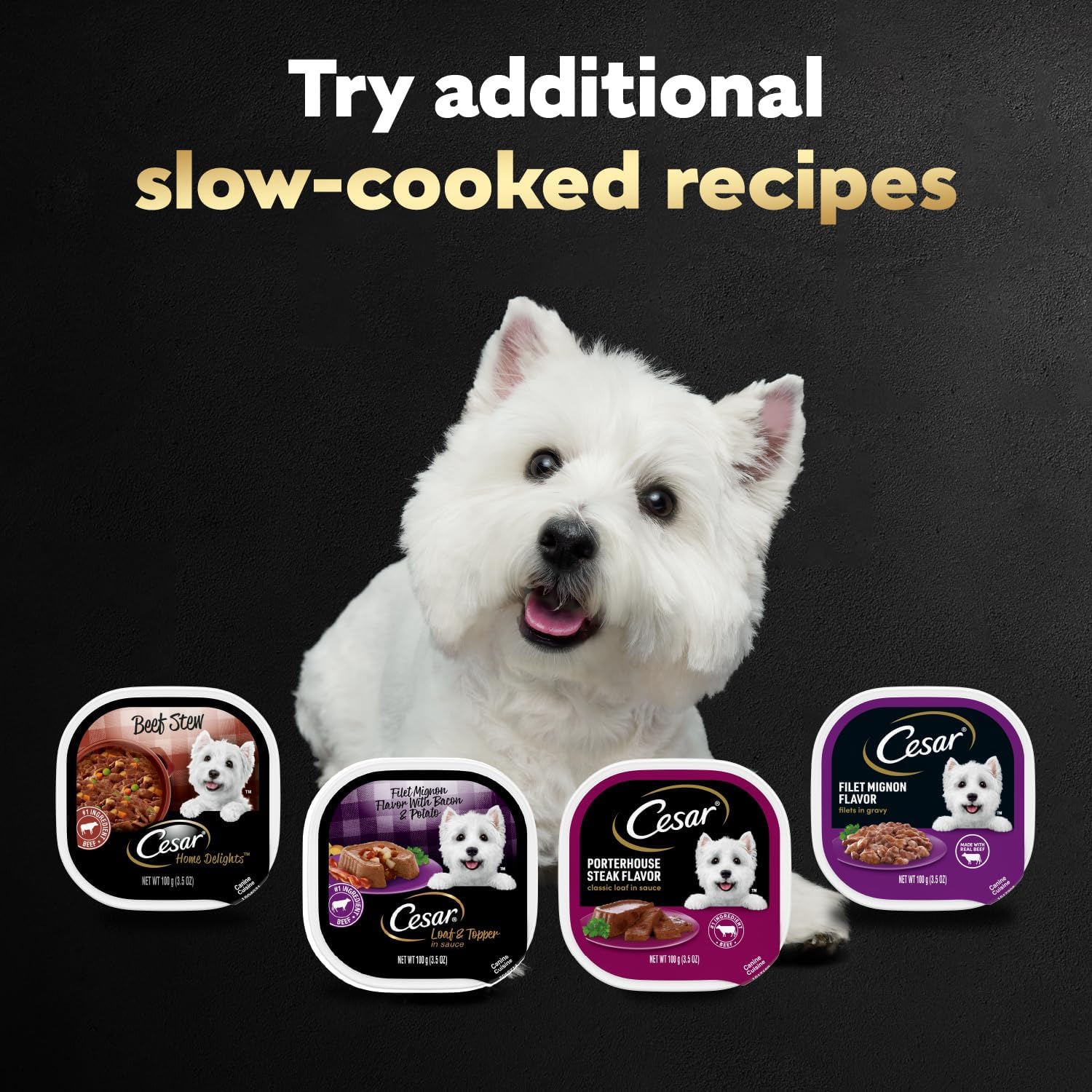 Cesar Steak Lovers Variety Pack wet dog food for adults, featuring multiple flavors in tins with images of steak and dog food.