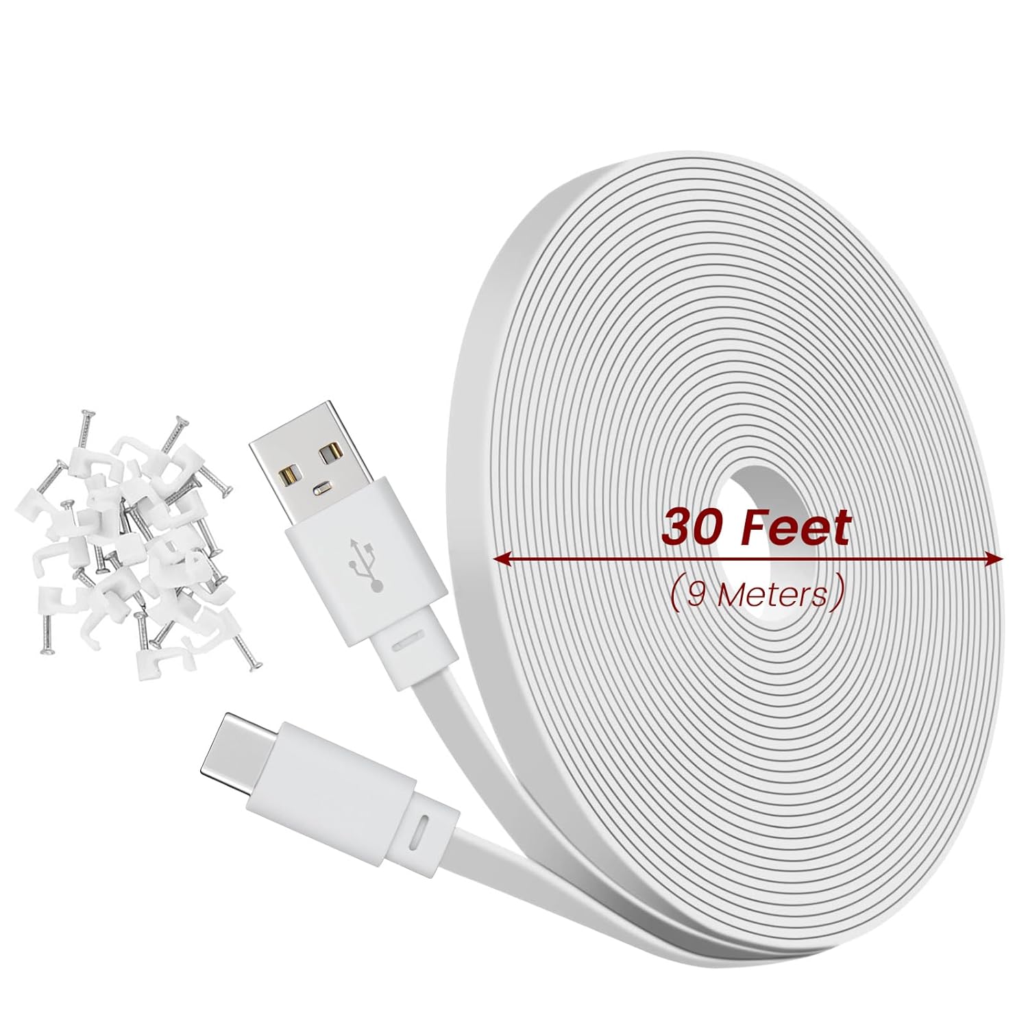 Weishan 2-pack 30ft USB C power extension cables compatible with Ring Pan-Tilt Indoor Cam, shown connected to the camera.