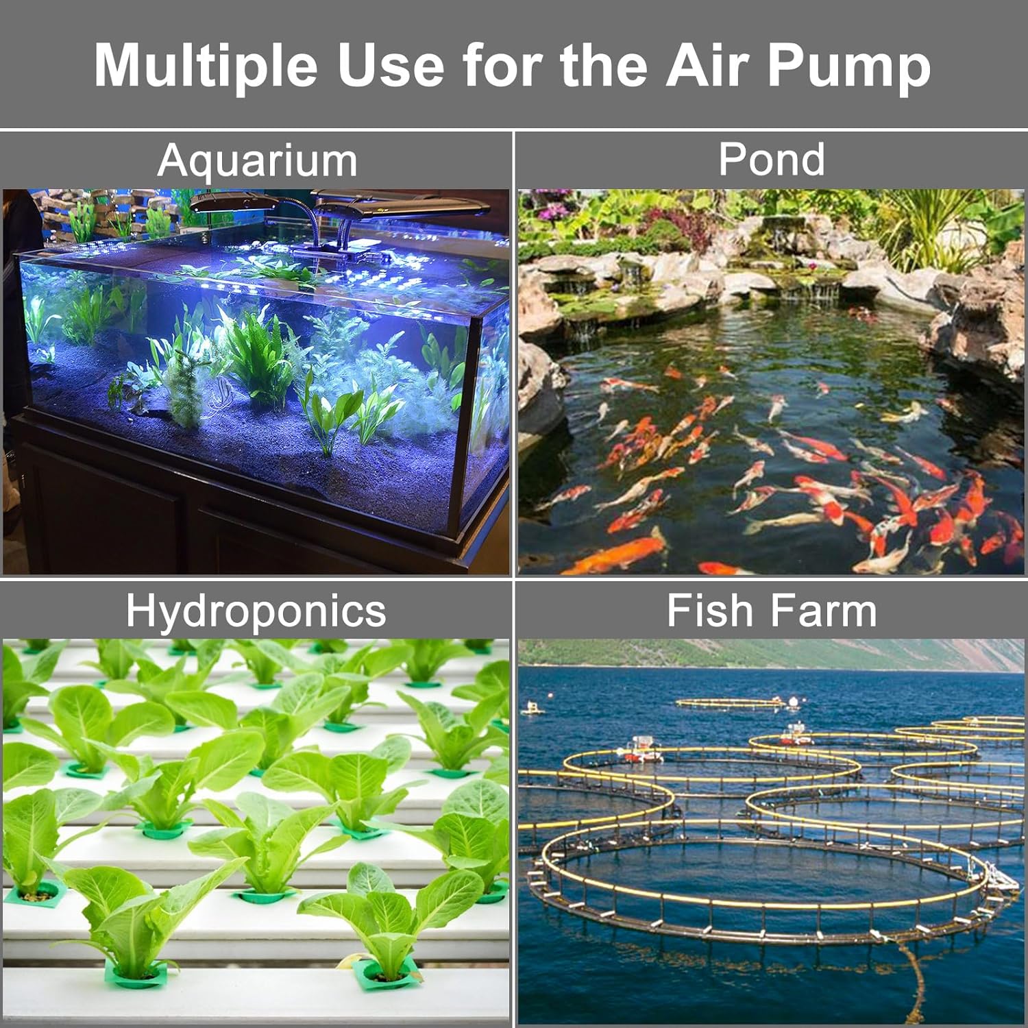 AquaMiracle 6/8/16W quiet fish tank air pump with 200/317/475 GPH airflow, compact design for aquarium aeration.