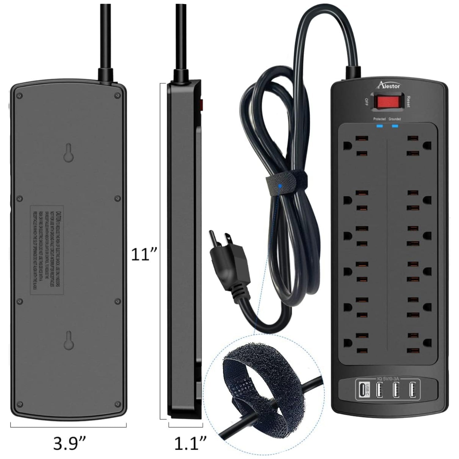 Black power strip with multiple outlets and a cable, showing dimensions and accessories on a white background.
