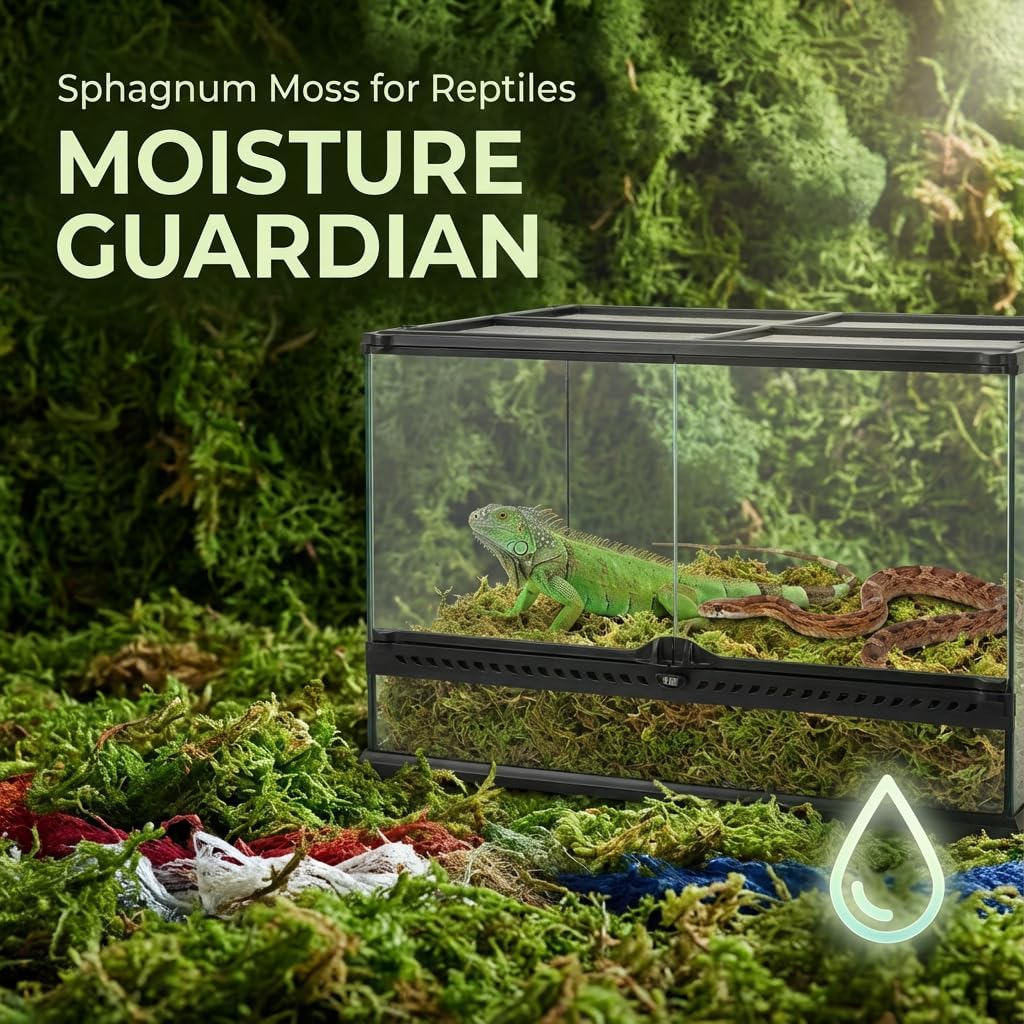 Sukh Sphagnum Moss for reptiles, terrarium moss and peat moss, shown in a clear container with lush green moss filling the image.