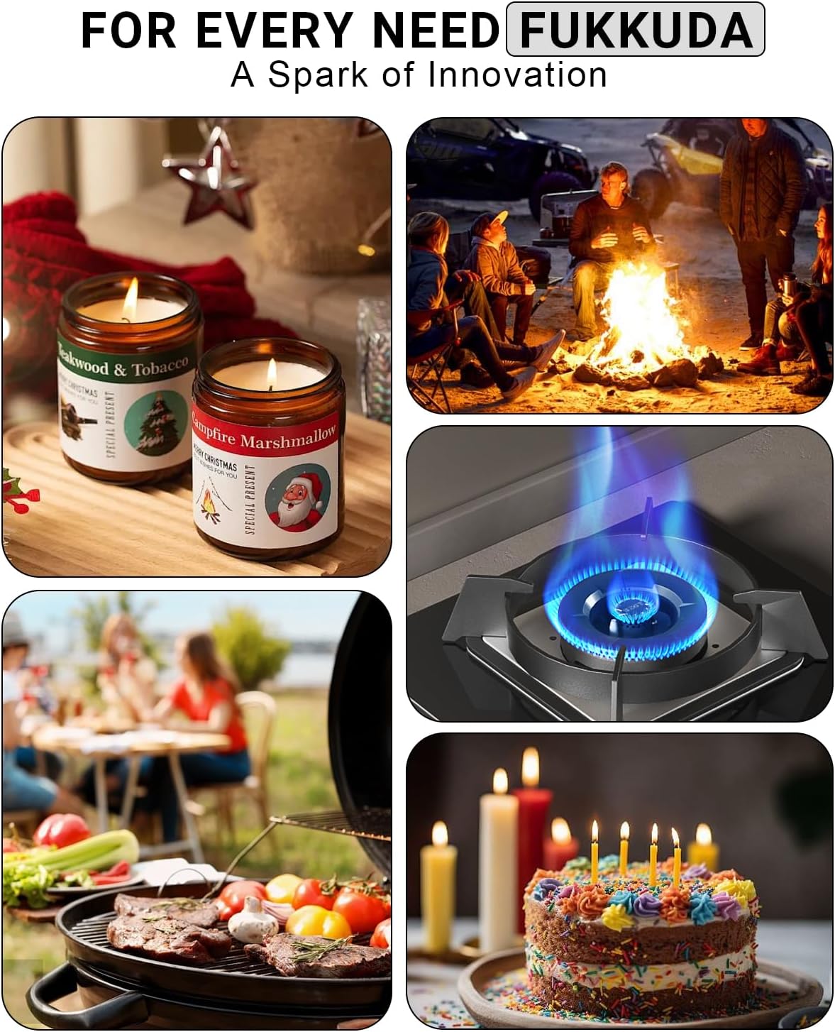 FUKKUDA electric candle lighter with safety switch, USB rechargeable, windproof design, shown with lit candle and safety features.