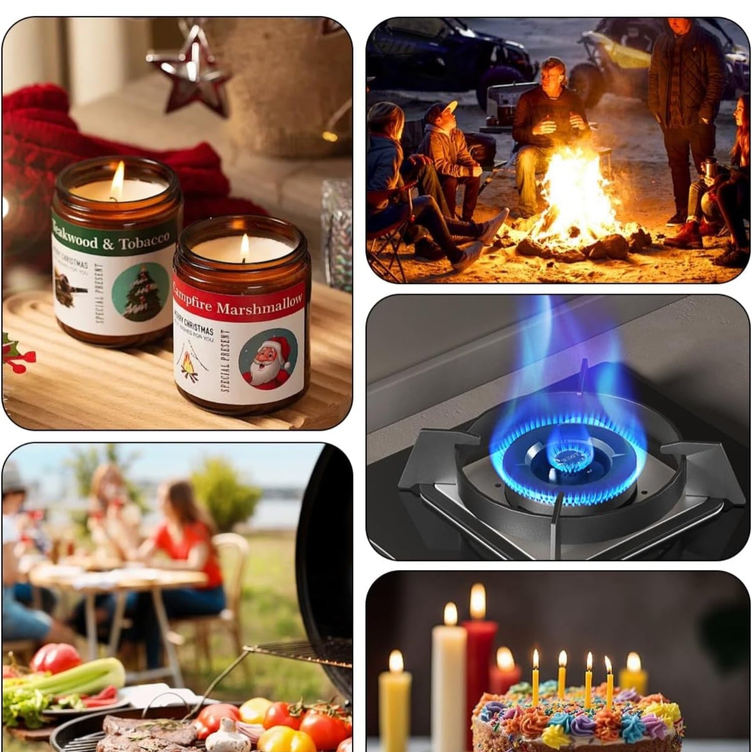 FUKKUDA electric candle lighter with safety switch, USB rechargeable, windproof design, shown with lit candle and safety features.
