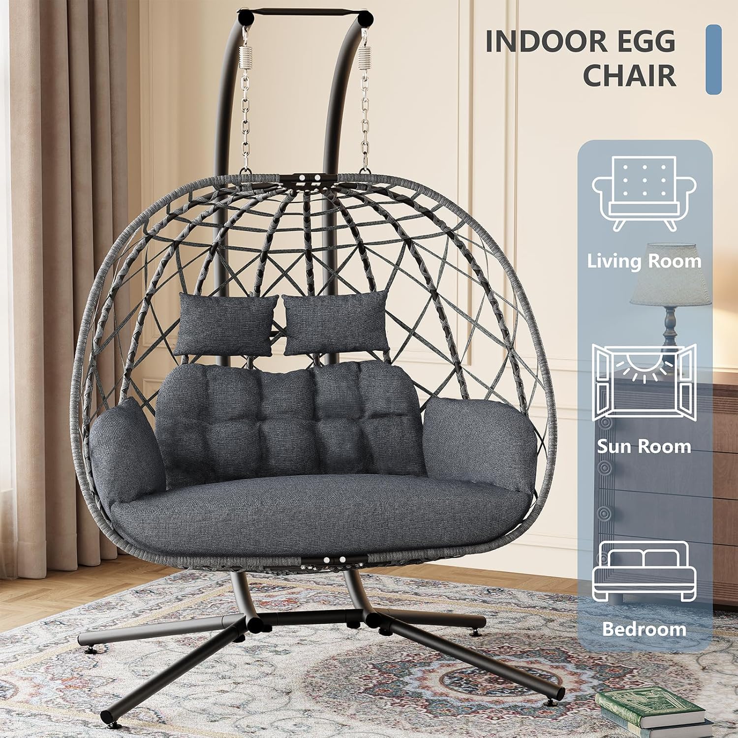 SWITTE double egg swing chair with stand, outdoor and indoor 2-person hammock seat, cozy and stylish for patio or living room use