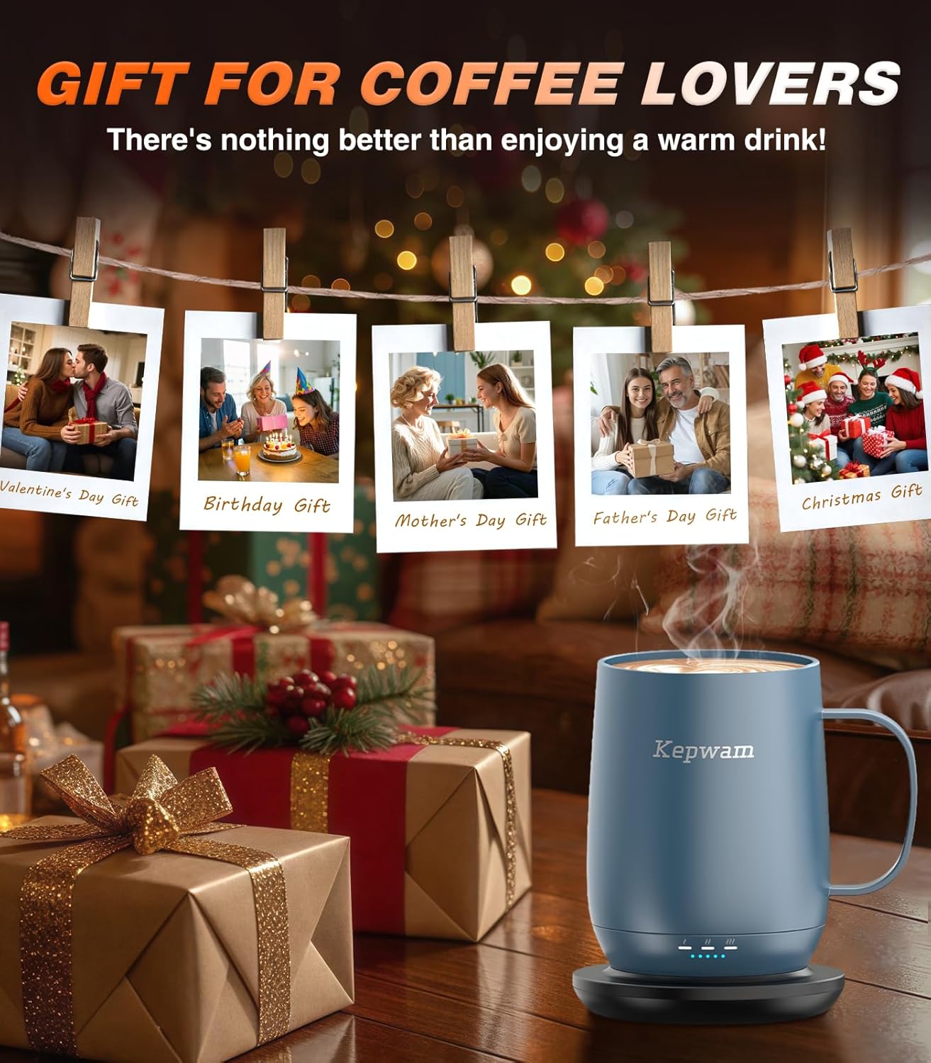 Blue Kepwam mug on a table with gift wrapping and photos of people enjoying coffee, labeled 'Gift for Coffee Lovers'.