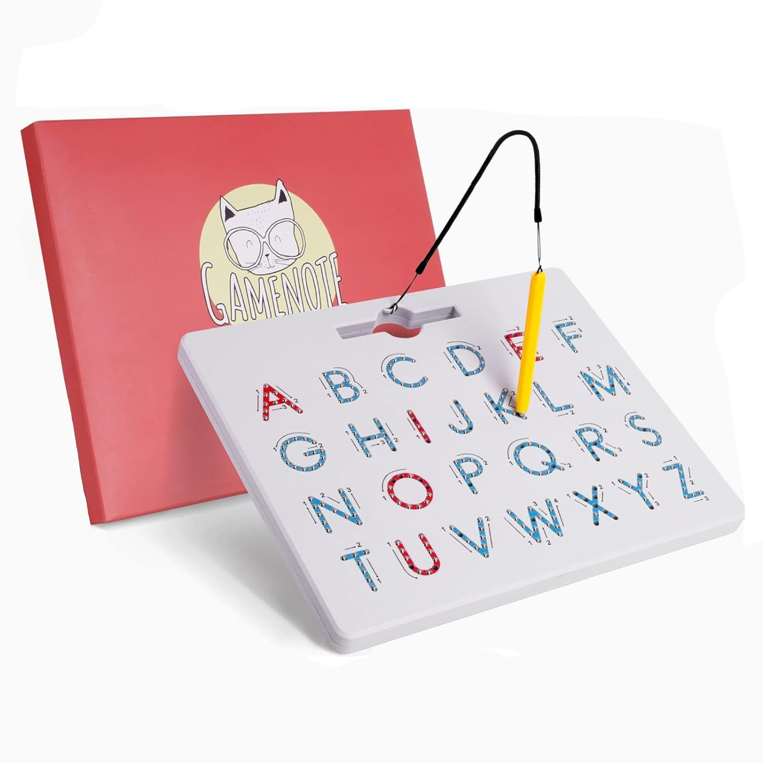 White board with colorful letters, red notebook with cat illustration, and yellow pen on a white background