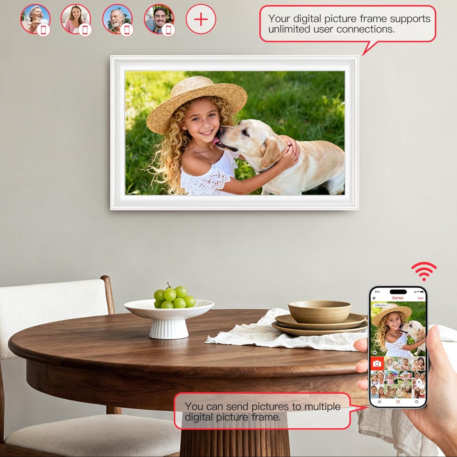 BIGASUO 15.6-inch Digital Picture Frame with Frameo, 64GB WiFi electronic photo frame displaying colorful photos.
