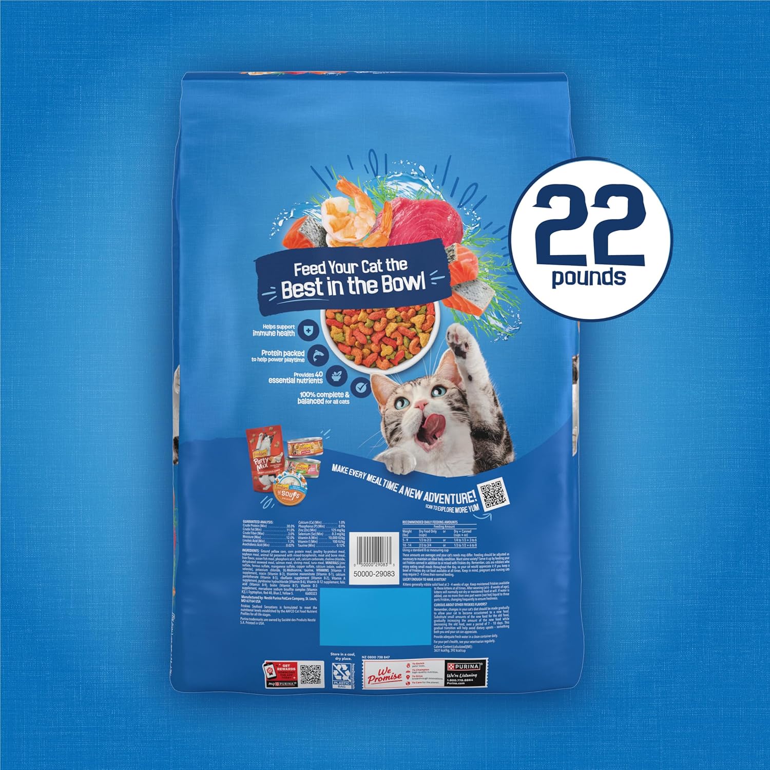 Bag of Friskies Seafood Sensations dry cat food with salmon and tuna, featuring colorful packaging and a bowl of kibble.
