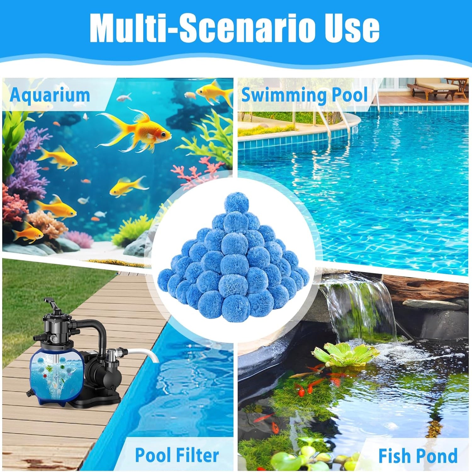 Blue MJZ pool filter balls for sand filters, reusable eco-friendly polysphere filtration media for swimming pools.