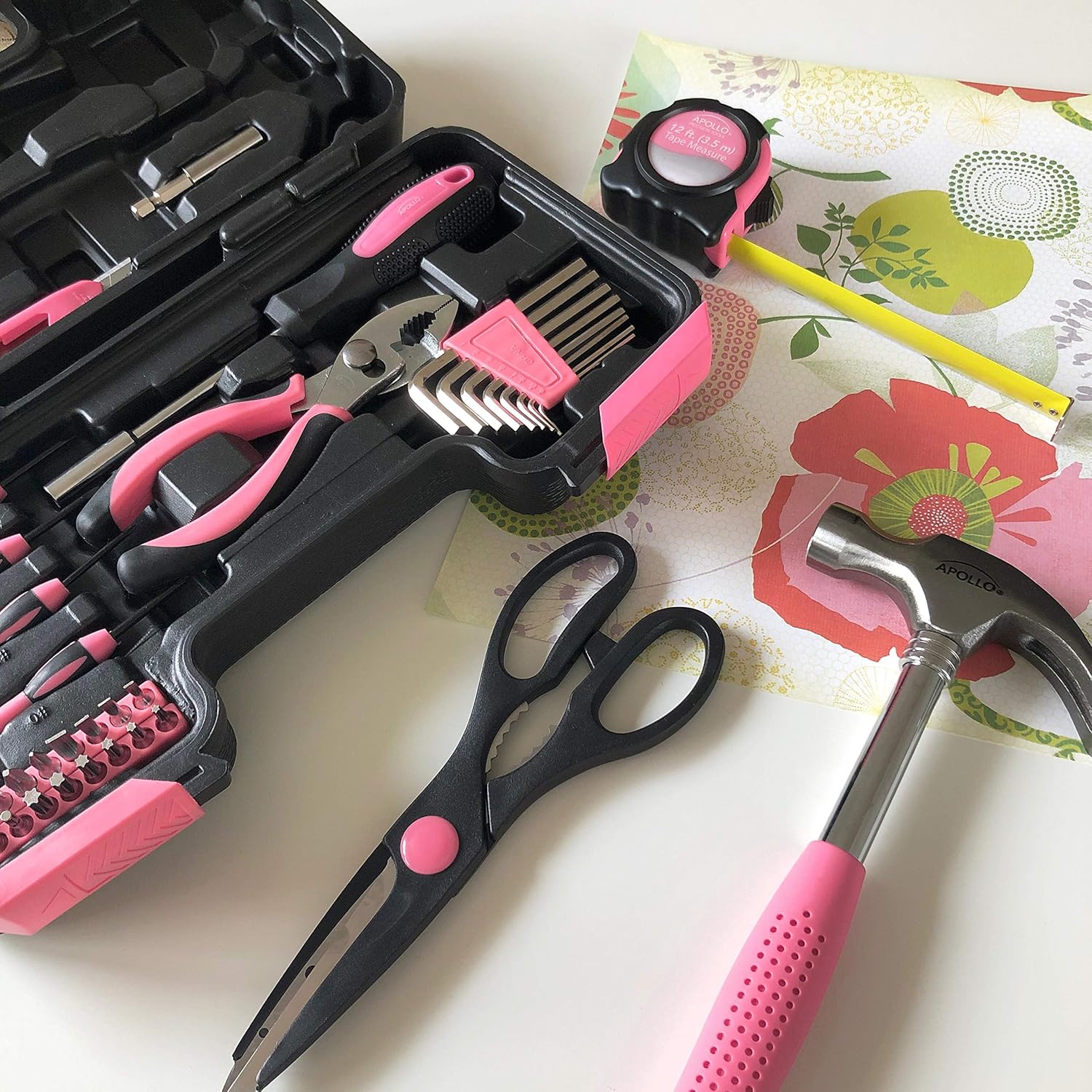 Apollo Tools 39-piece household tool set with pliers, screwdrivers, hammer, and more in a portable toolbox for home repairs.