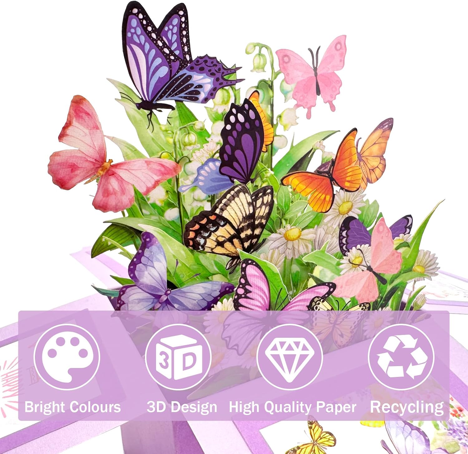 Hierein butterfly pop-up birthday card for women featuring colorful butterfly designs and "Happy Birthday" message inside.
