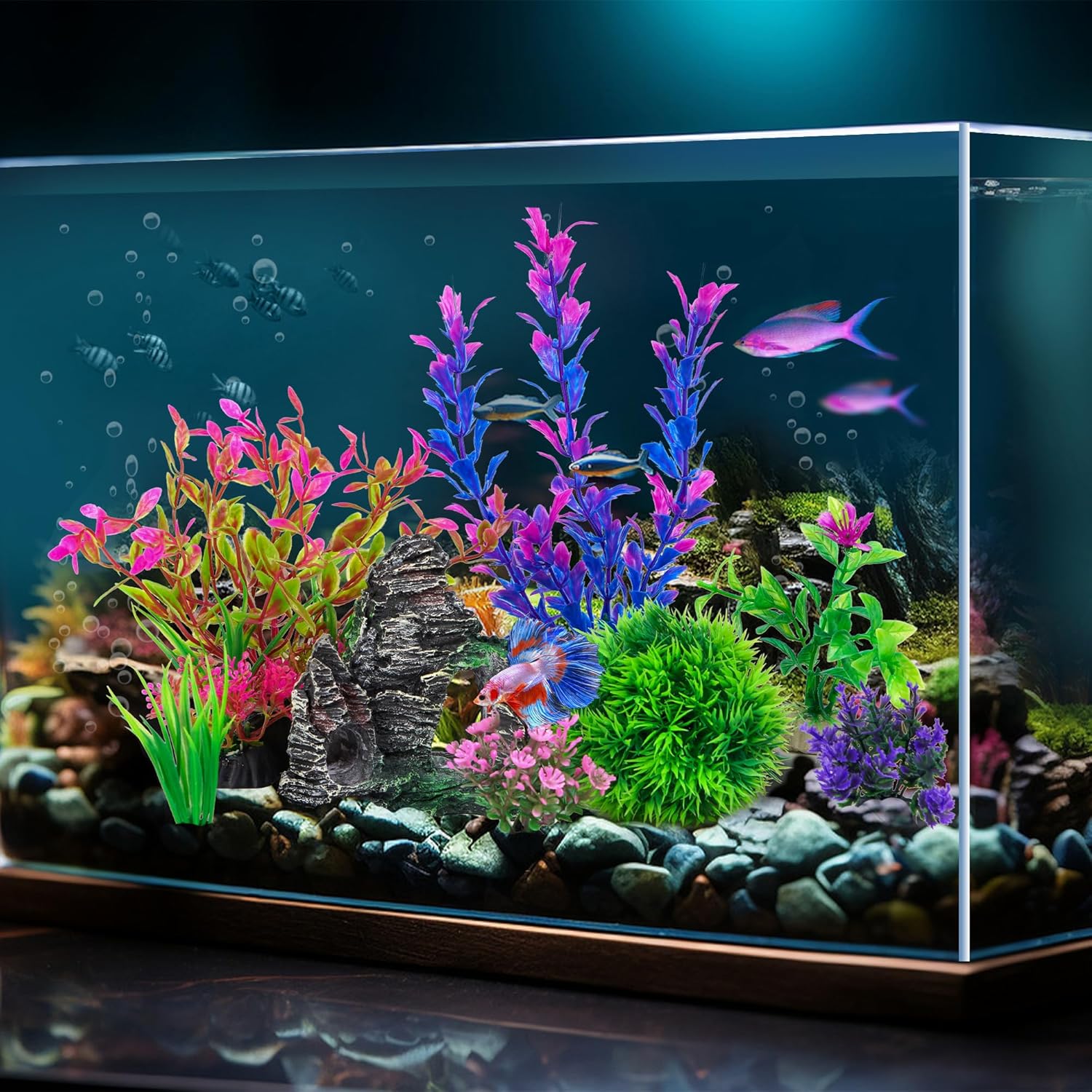 Ameliade artificial plastic aquarium plants with rock cave decoration for fish tank decor, vibrant and realistic aquatic environment.