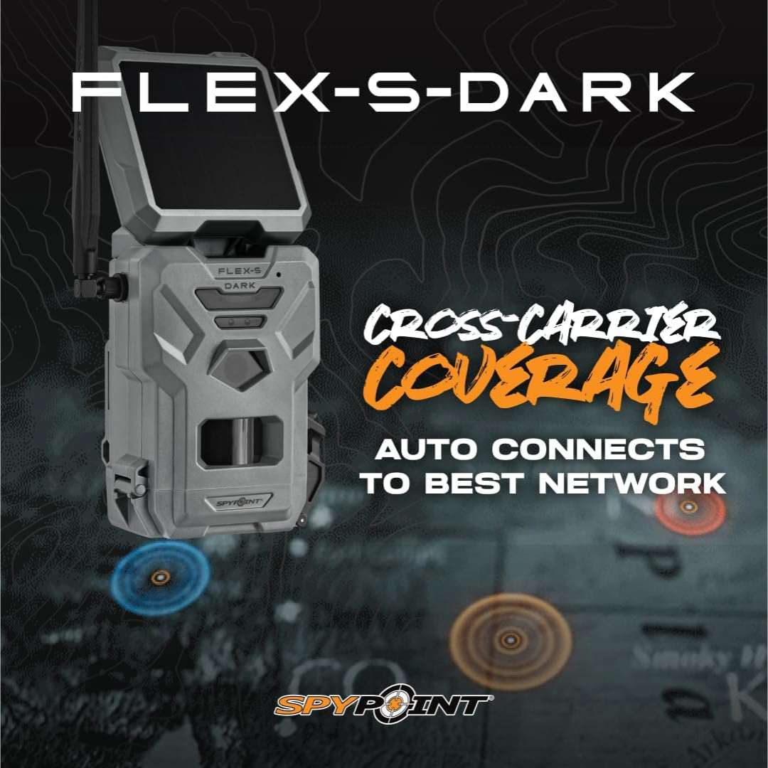 SPYPOINT Flex-S-Dark solar cellular trail camera with SD card, showcasing its compact design and solar panel for wildlife monitoring.