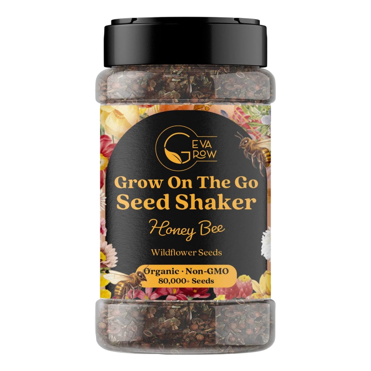 Seed shaker labeled 'Grow On The Go Seed Shaker Honey Bee' with floral and bee graphics.