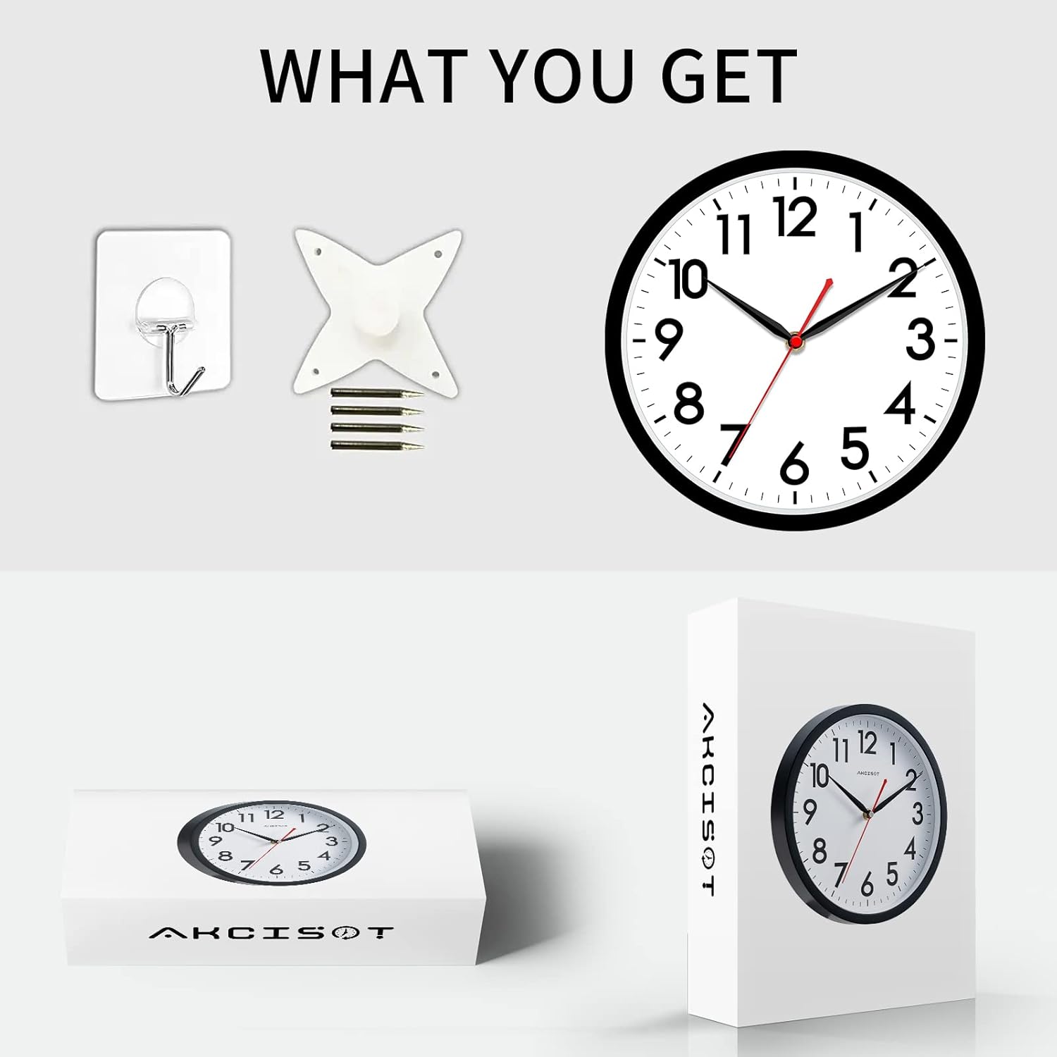 AKCISOT 14-inch modern wall clock with a sleek design, silent non-ticking mechanism, and battery operation.