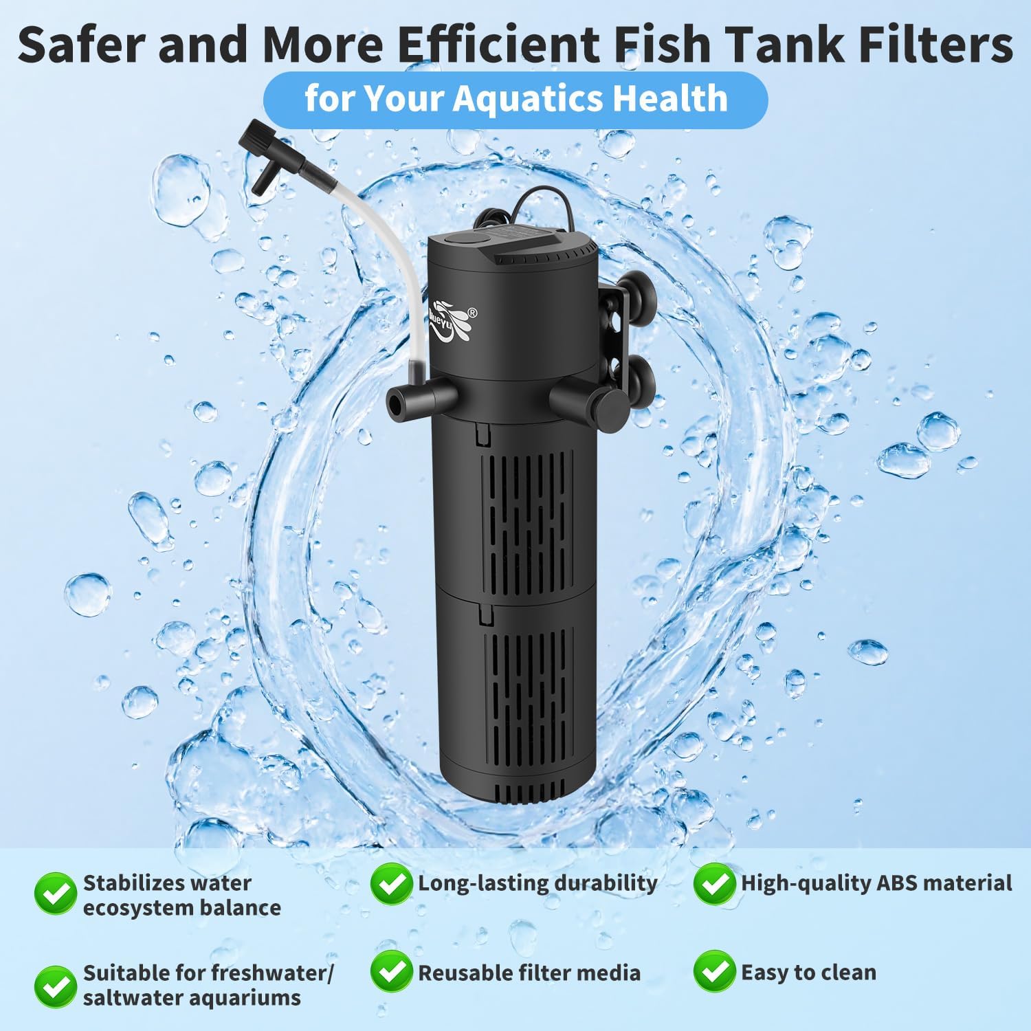 BlueYu 4-in-1 aquarium filter for 30-80 gallon fish tanks, showing multi-stage filtration system and compact design.