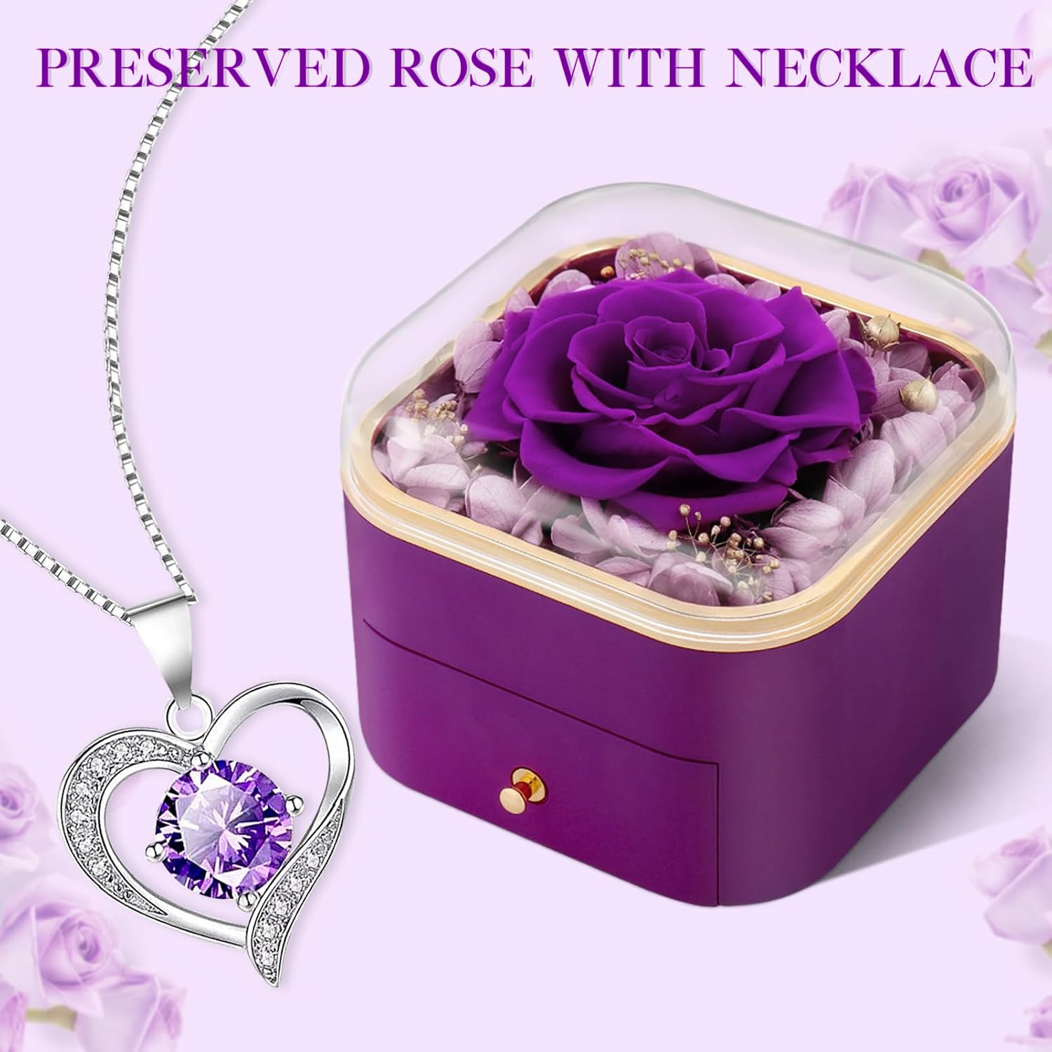 Beferr Gifts for Mom Preserved Real Rose with Necklace Eternal Roses Fresh Flowers for Delivery Prime Birthday Anniversary Purple Gifts for Women Mothers Grandma Wife Daughter Girlfriend Sister