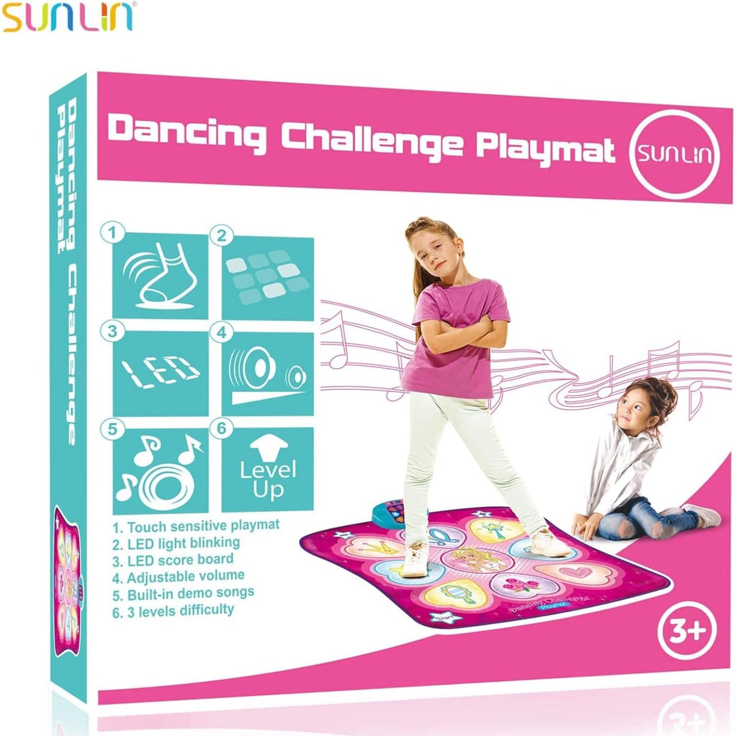 SUNLIN Dance Mat with LED lights, rhythm step play mat for dance games, featuring colorful illuminated stepping zones.