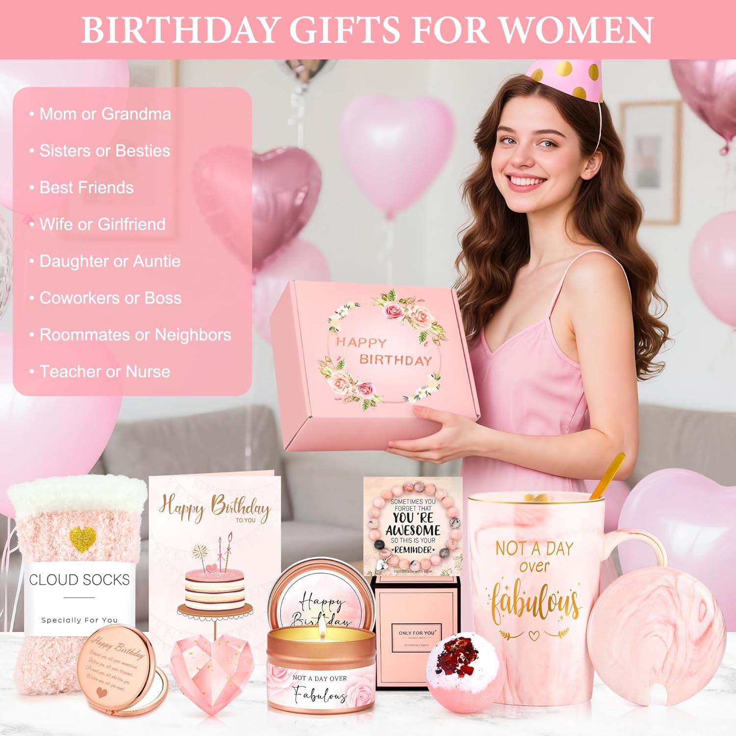 Gagalico birthday gift basket for women with colorful flowers, chocolates, and gift items perfect for celebrating a birthday.