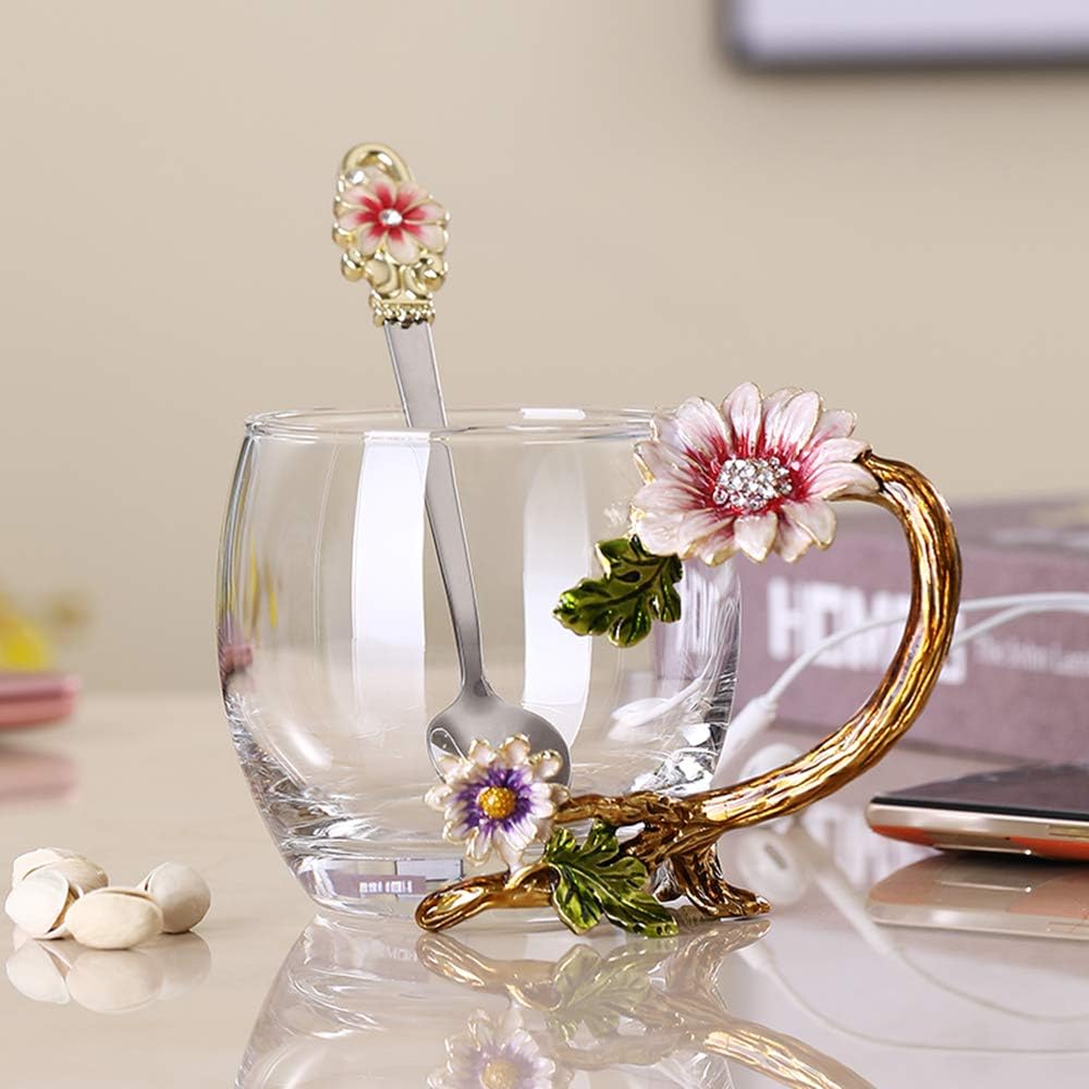 JY-Danbady enamel sunflower crystal lead-free glass tea cup with matching spoon set, featuring a colorful sunflower design.