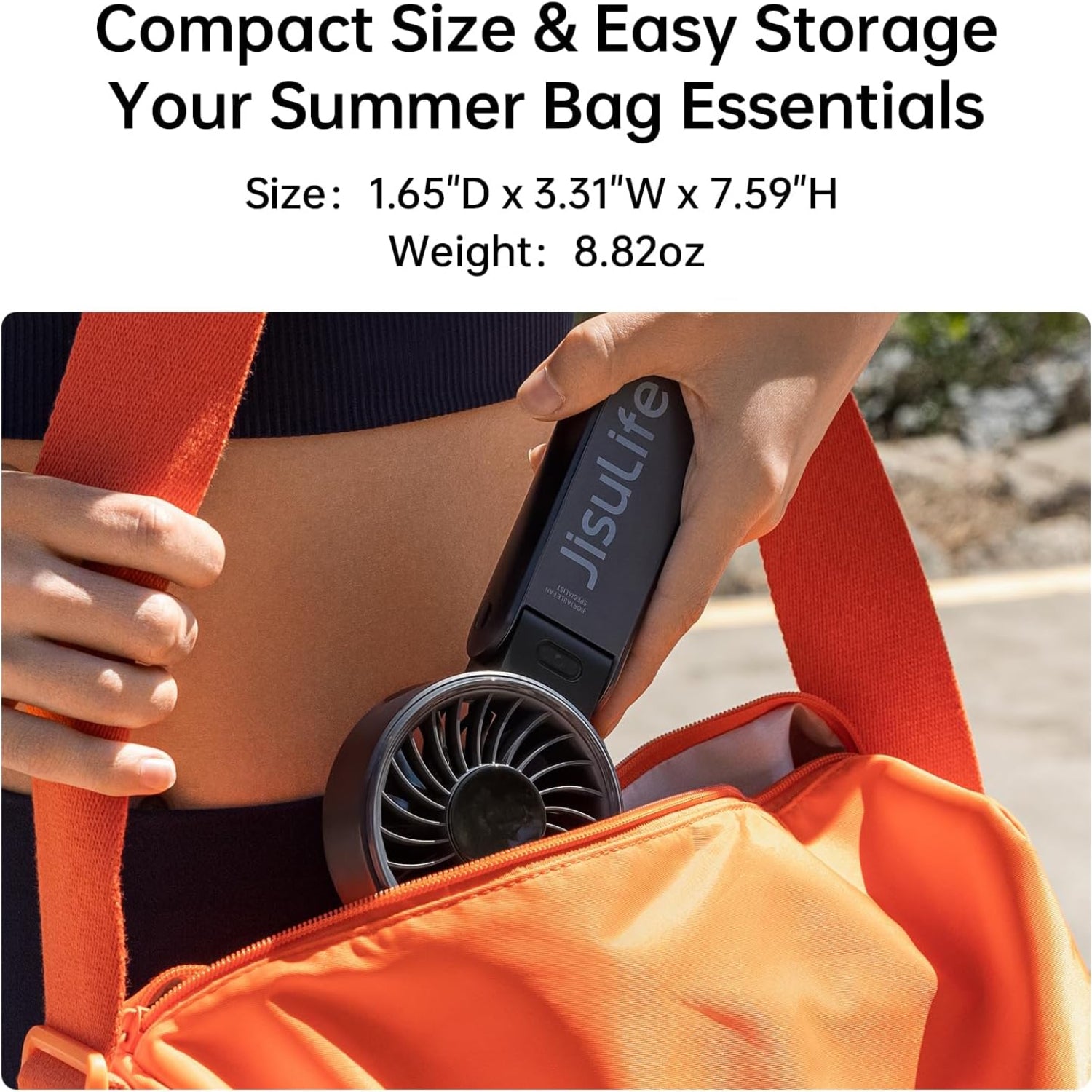 JISULIFE Handheld Fan Life7 with high-power motor and LED display, showing the fan's compact design and adjustable settings.