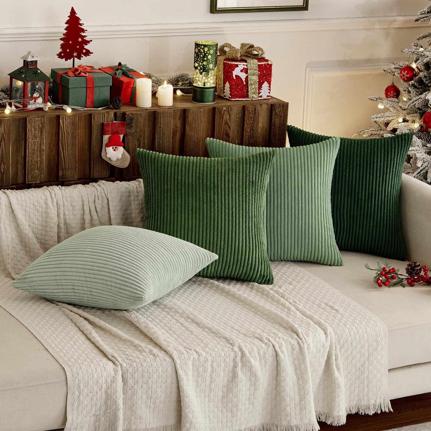 Set of four MIULEE boho farmhouse sage green throw pillow covers, 18x18 inches, with modern design and textured fabric.